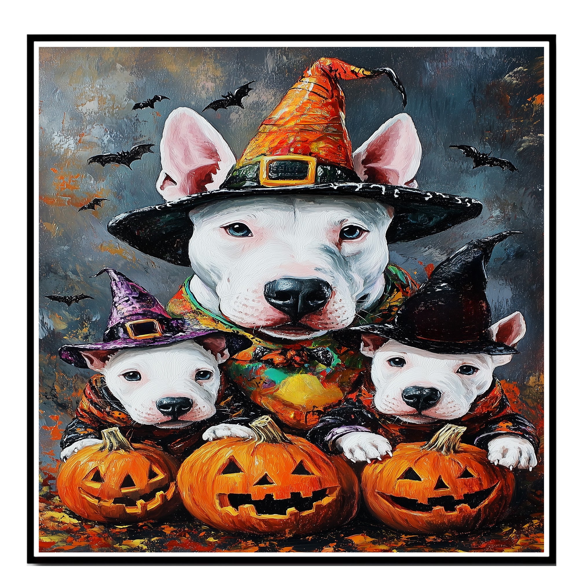 Bull Terrier Dog Halloween Canvas Wall Art with Witch Hat and Pumpkins Rustic Fall Accent for Cozy Farmhouse Homes on Ready to Hang 1.5" Thick Canvas Wrap, Floating Framed Canvas, Flat Rolled Canvas
