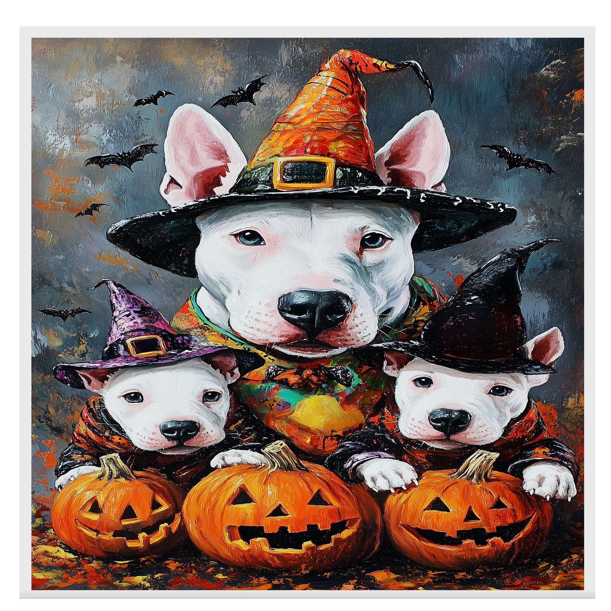 Bull Terrier Dog Halloween Canvas Wall Art with Witch Hat and Pumpkins Rustic Fall Accent for Cozy Farmhouse Homes on Ready to Hang 1.5" Thick Canvas Wrap, Floating Framed Canvas, Flat Rolled Canvas