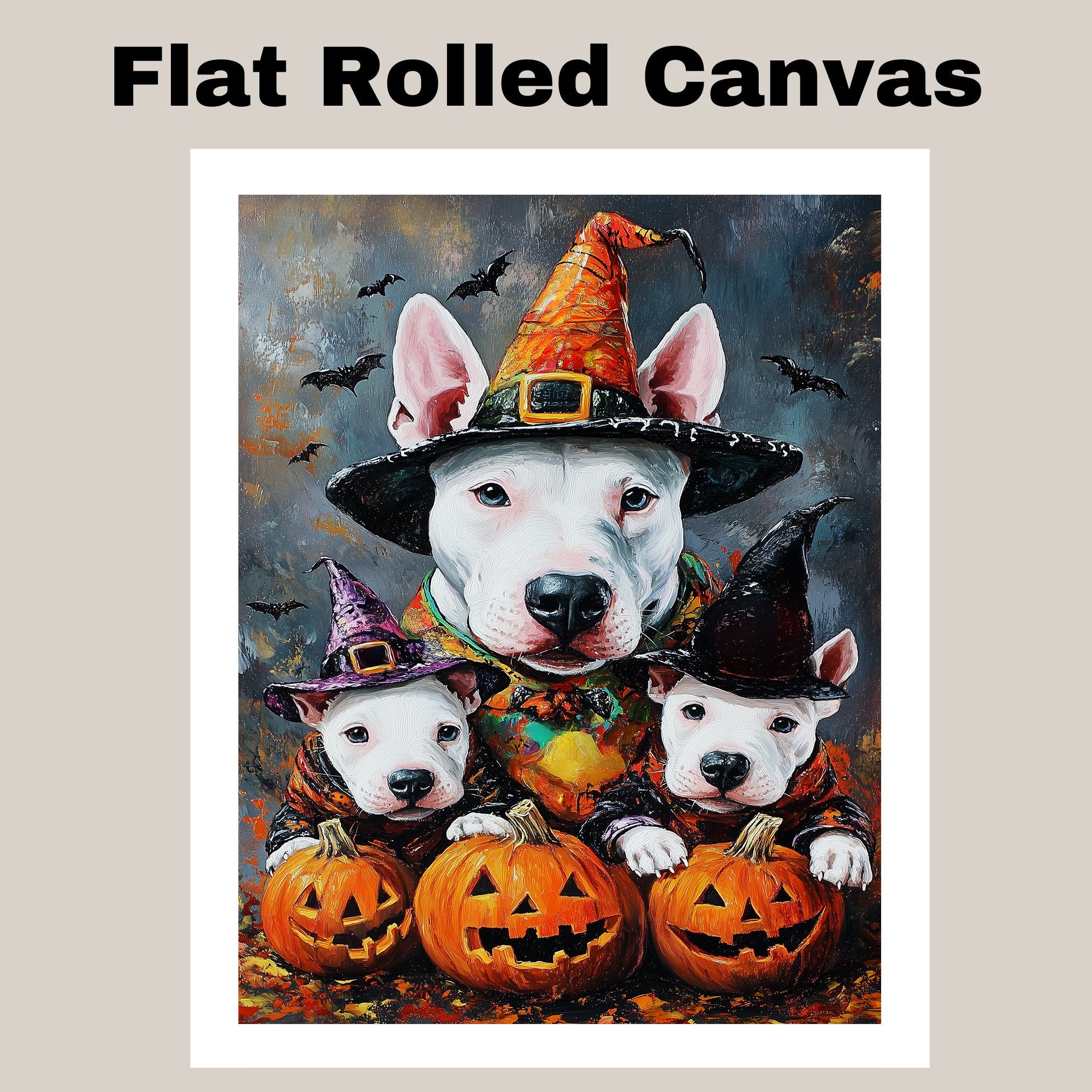 Bull Terrier Dog Halloween Canvas Wall Art with Witch Hat and Pumpkins Rustic Fall Accent for Cozy Farmhouse Homes on Ready to Hang 1.5" Thick Canvas Wrap, Floating Framed Canvas, Flat Rolled Canvas