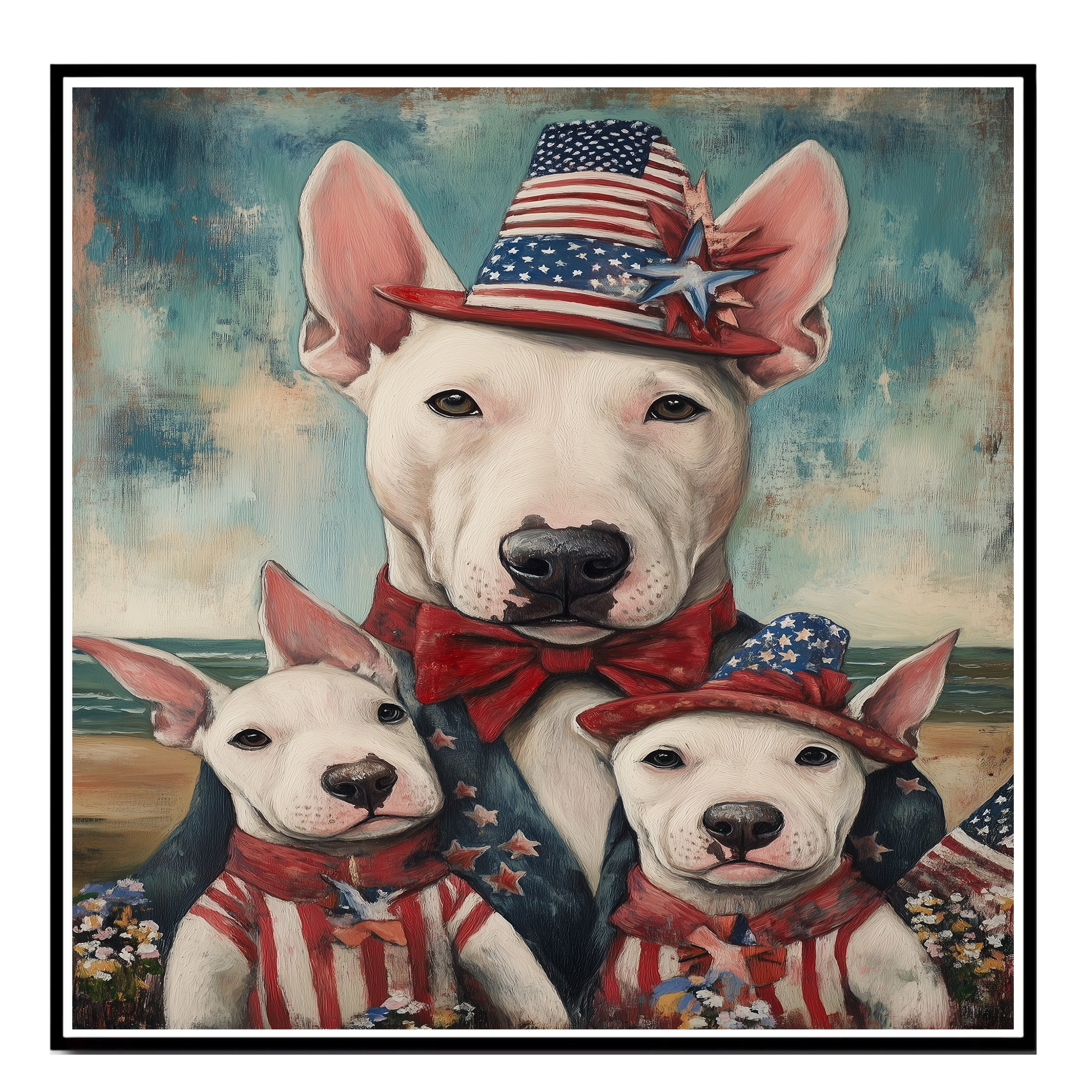 Bull Terrier Mother and Puppies in Patriotic Outfits and Hats by the Beach with Vintage Americana Style on Ready to Hang 1.5" Thick Canvas Wrap, Floating Framed Canvas, Flat Rolled Canvas