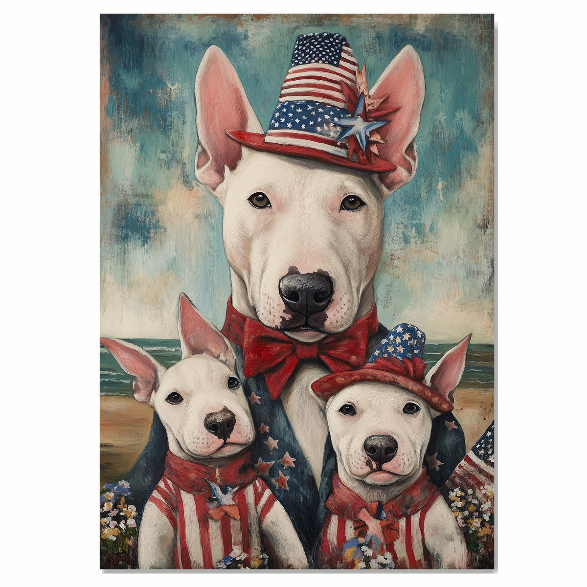 Bull Terrier Mother and Puppies in Patriotic Outfits and Hats by the Beach with Vintage Americana Style on Ready to Hang 1.5" Thick Canvas Wrap, Floating Framed Canvas, Flat Rolled Canvas