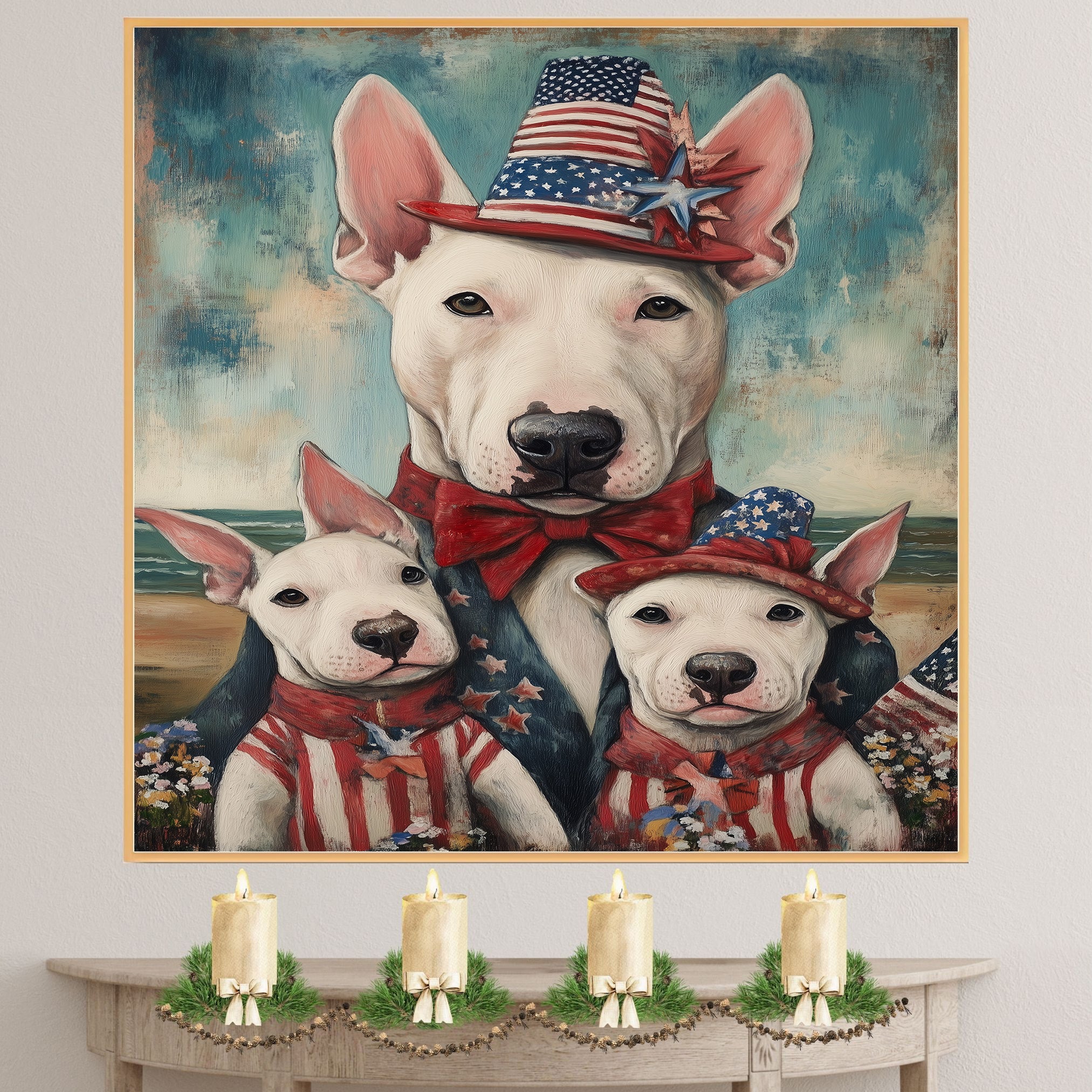 Bull Terrier Mother and Puppies in Patriotic Outfits and Hats by the Beach with Vintage Americana Style on Ready to Hang 1.5" Thick Canvas Wrap, Floating Framed Canvas, Flat Rolled Canvas
