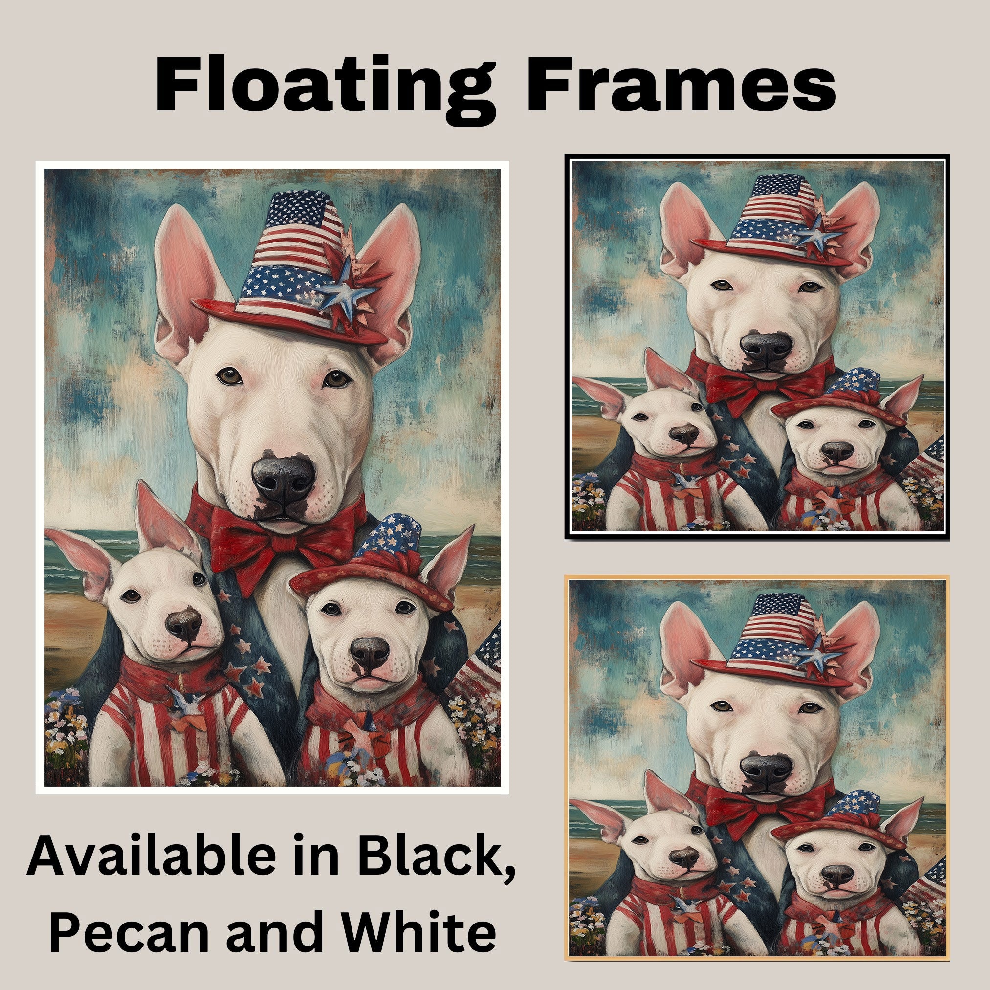 Bull Terrier Mother and Puppies in Patriotic Outfits and Hats by the Beach with Vintage Americana Style on Ready to Hang 1.5" Thick Canvas Wrap, Floating Framed Canvas, Flat Rolled Canvas