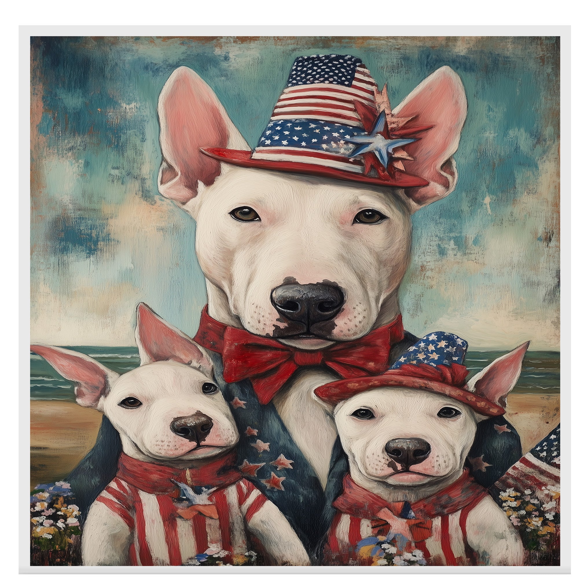 Bull Terrier Mother and Puppies in Patriotic Outfits and Hats by the Beach with Vintage Americana Style on Ready to Hang 1.5" Thick Canvas Wrap, Floating Framed Canvas, Flat Rolled Canvas