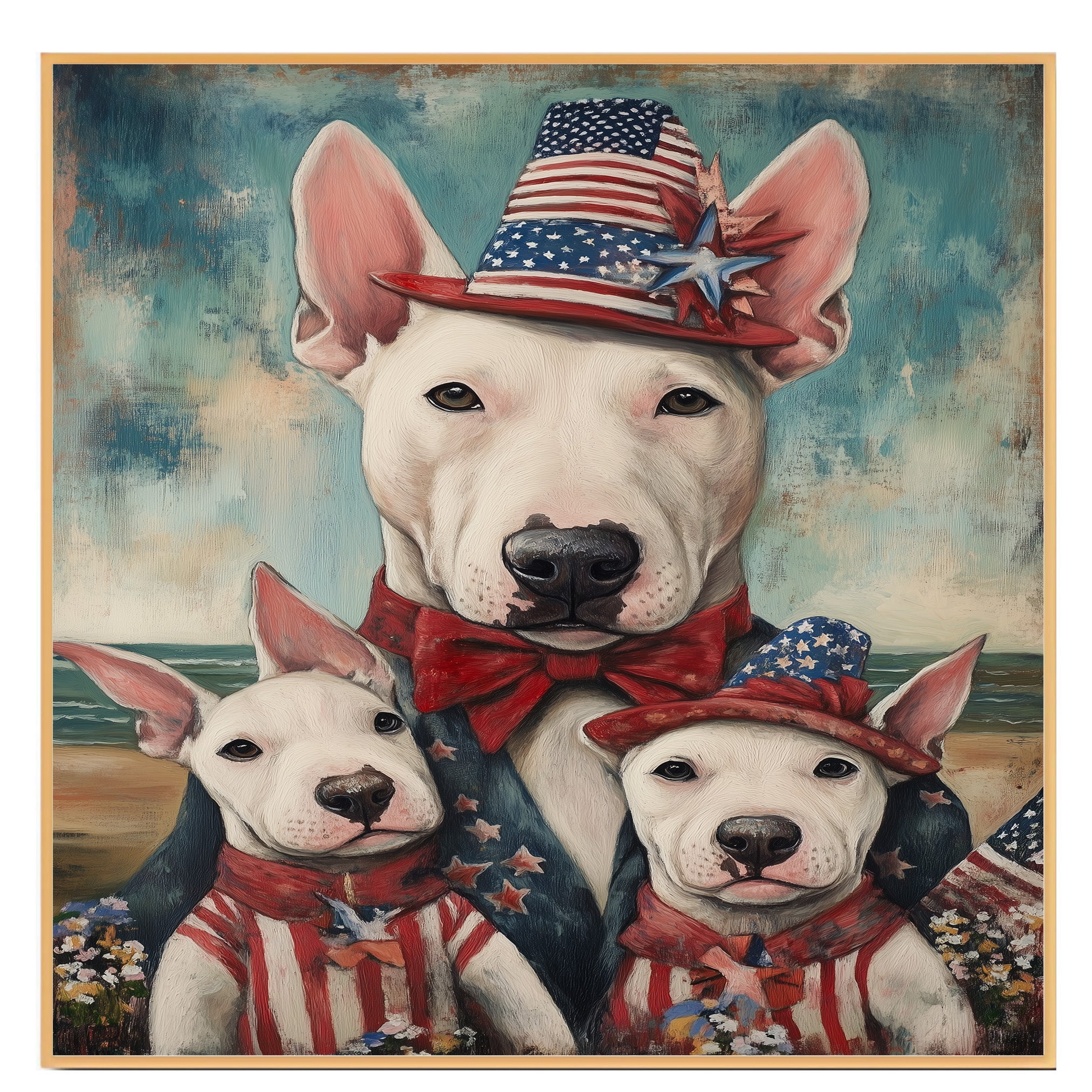Bull Terrier Mother and Puppies in Patriotic Outfits and Hats by the Beach with Vintage Americana Style on Ready to Hang 1.5" Thick Canvas Wrap, Floating Framed Canvas, Flat Rolled Canvas