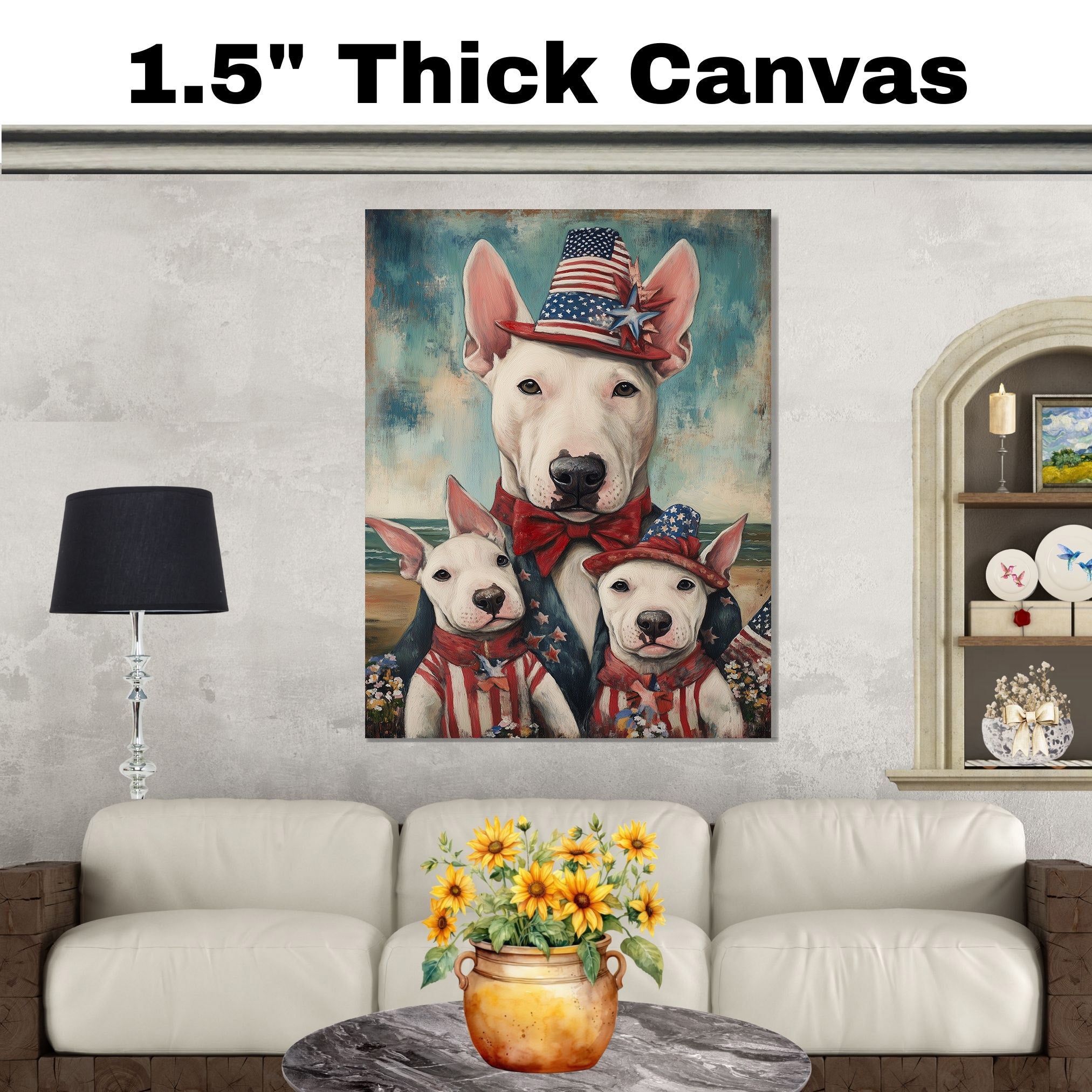 Bull Terrier Mother and Puppies in Patriotic Outfits and Hats by the Beach with Vintage Americana Style on Ready to Hang 1.5" Thick Canvas Wrap, Floating Framed Canvas, Flat Rolled Canvas