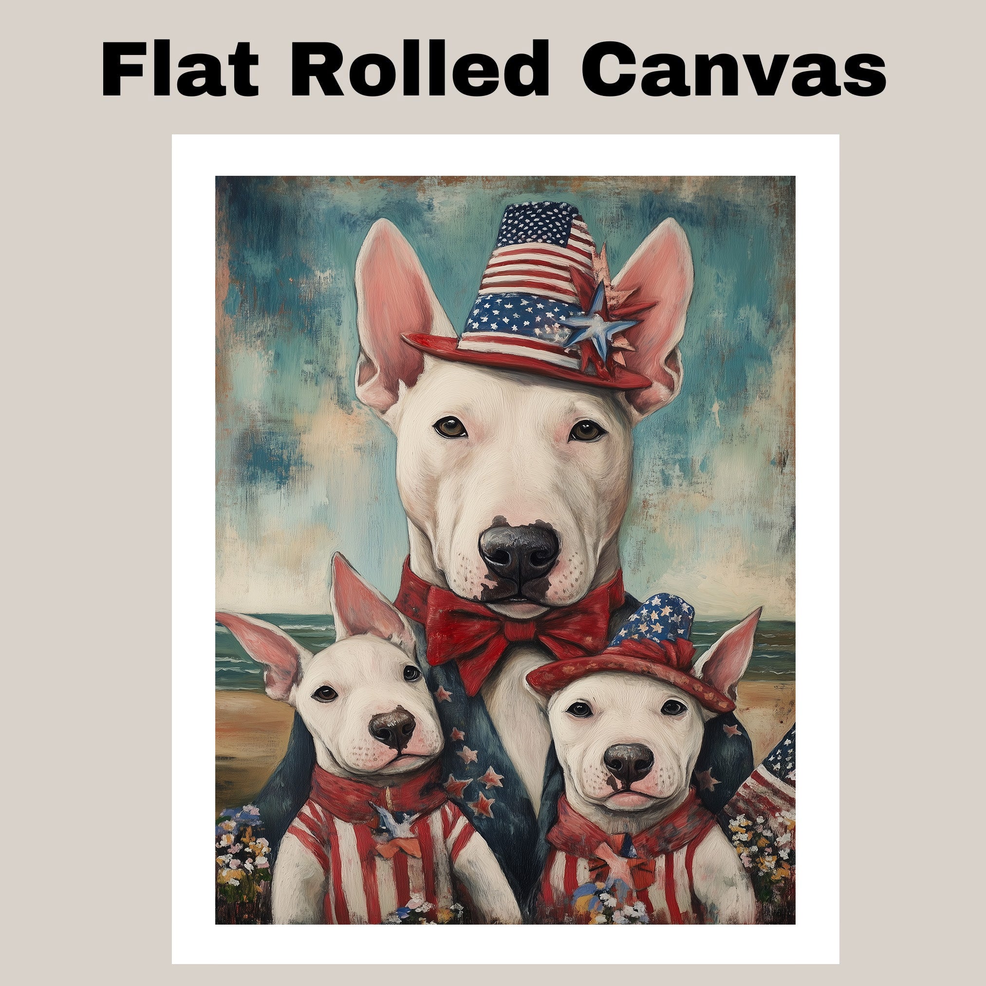 Bull Terrier Mother and Puppies in Patriotic Outfits and Hats by the Beach with Vintage Americana Style on Ready to Hang 1.5" Thick Canvas Wrap, Floating Framed Canvas, Flat Rolled Canvas
