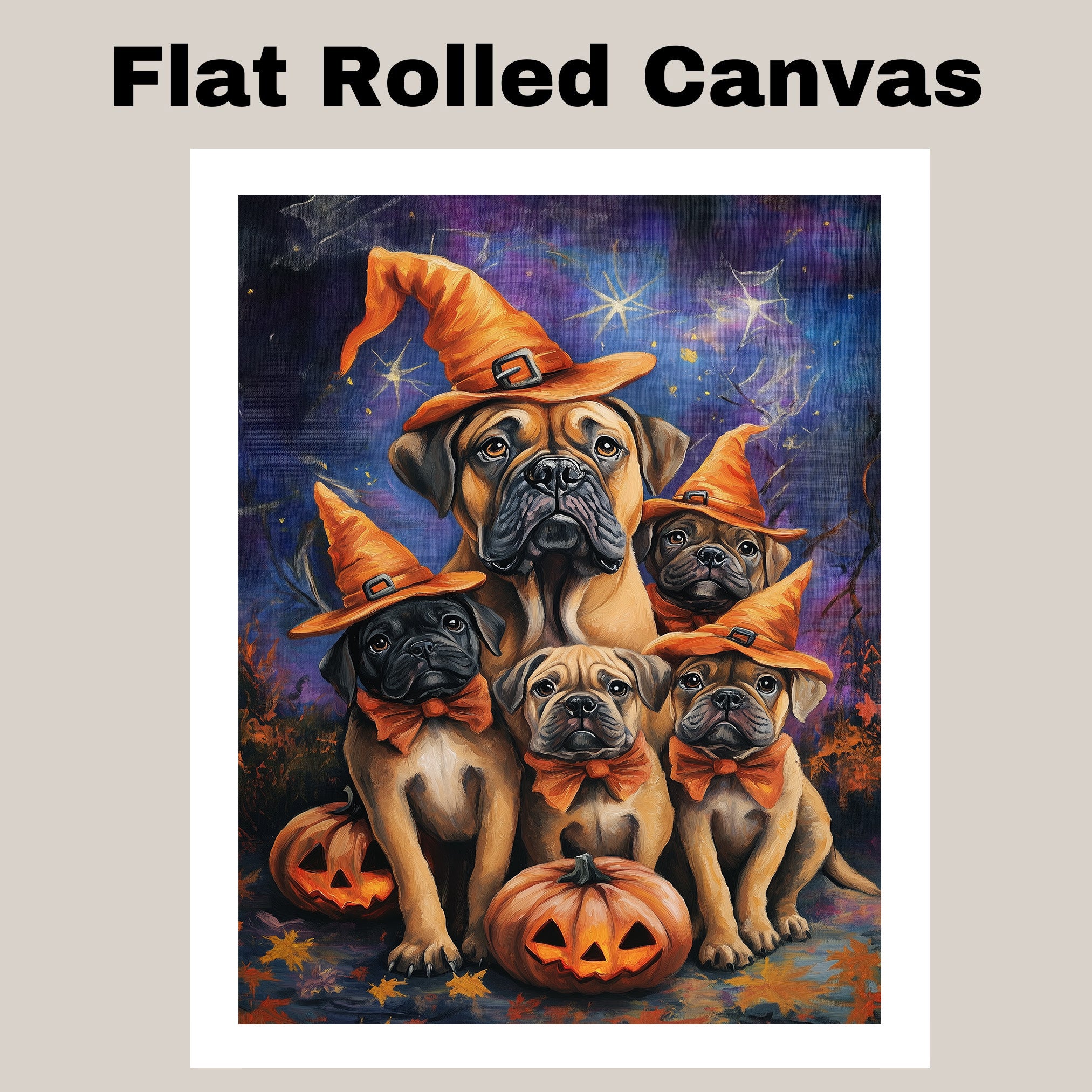 Bullmastiff Dog Halloween Canvas Wall Art with Witch Hat and Pumpkins Rustic Fall Accent for Farmhouse Homes on Ready to Hang 1.5" Thick Canvas Wrap, Floating Framed Canvas, Flat Rolled Canvas