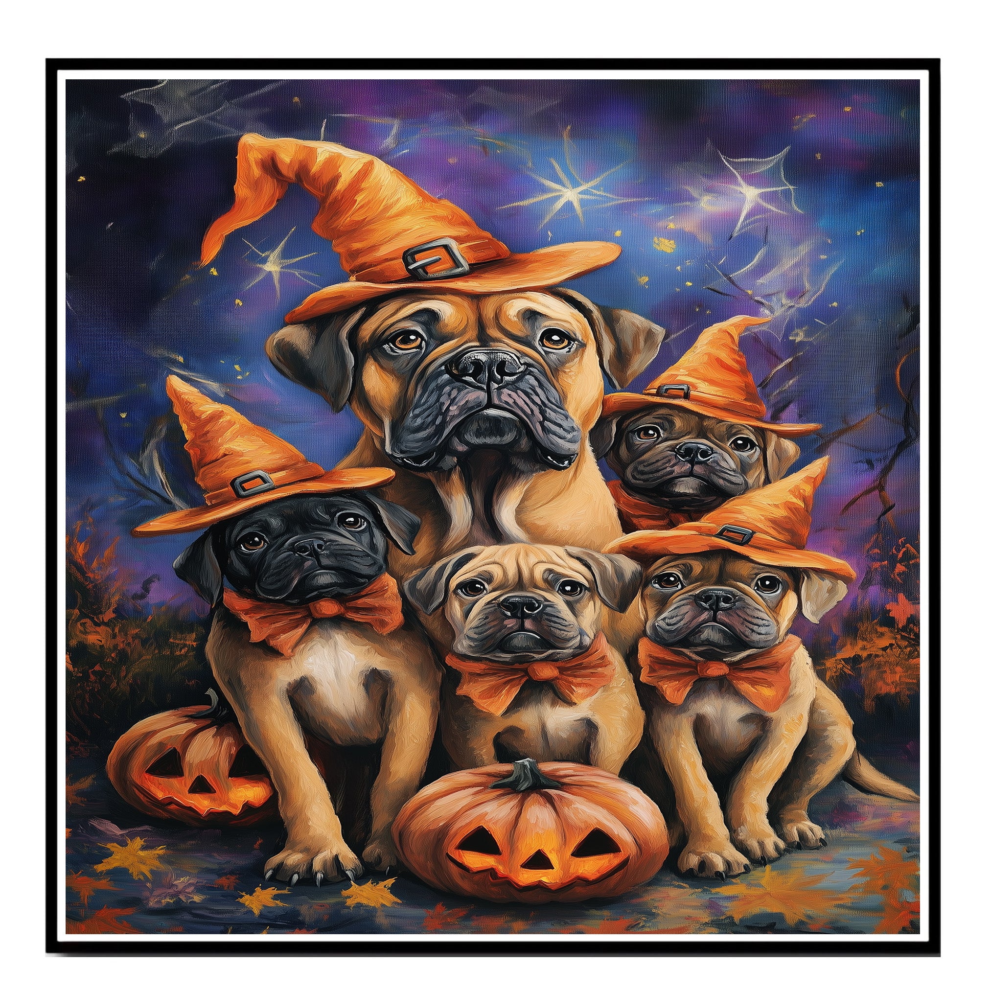 Bullmastiff Dog Halloween Canvas Wall Art with Witch Hat and Pumpkins Rustic Fall Accent for Farmhouse Homes on Ready to Hang 1.5" Thick Canvas Wrap, Floating Framed Canvas, Flat Rolled Canvas