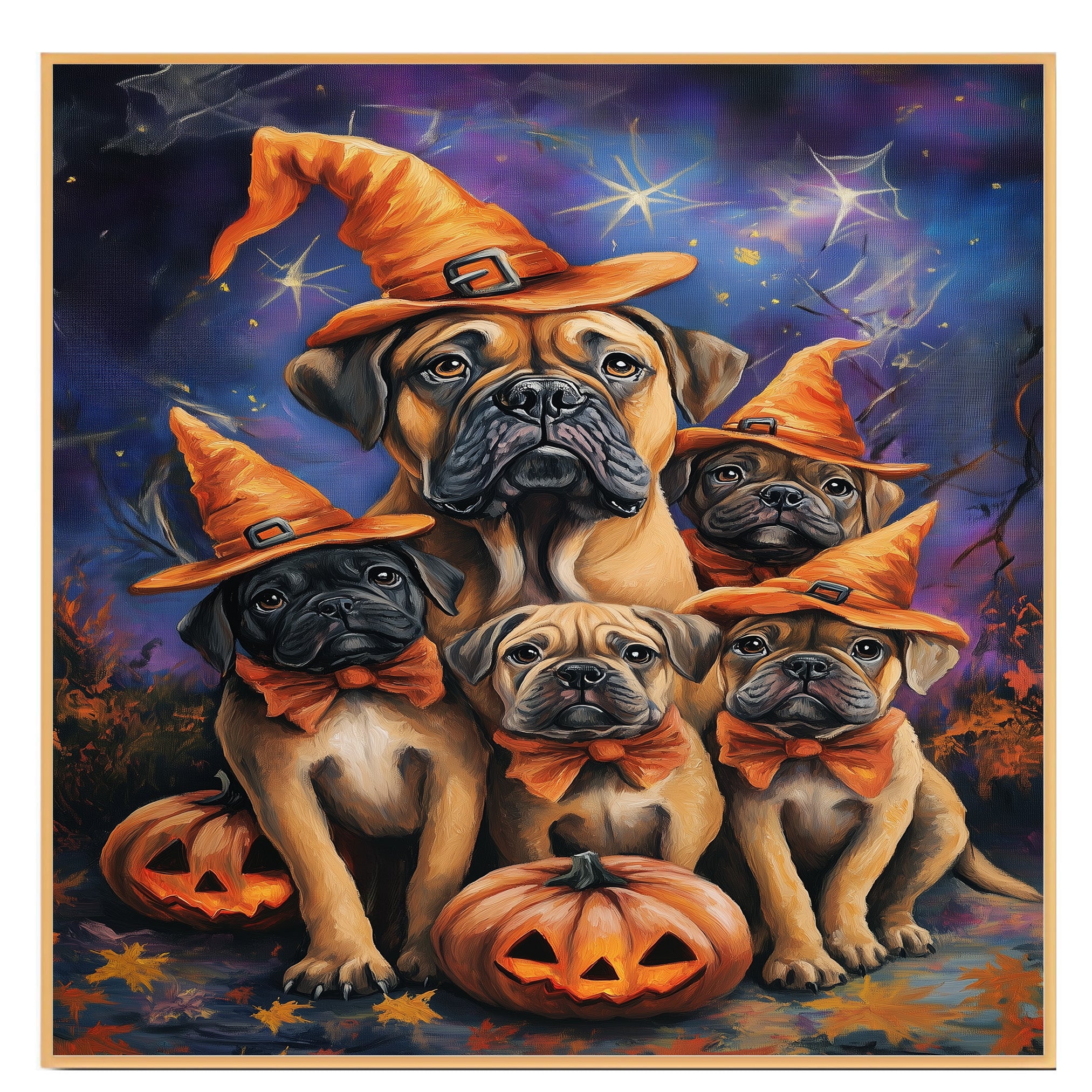 Bullmastiff Dog Halloween Canvas Wall Art with Witch Hat and Pumpkins Rustic Fall Accent for Farmhouse Homes on Ready to Hang 1.5" Thick Canvas Wrap, Floating Framed Canvas, Flat Rolled Canvas