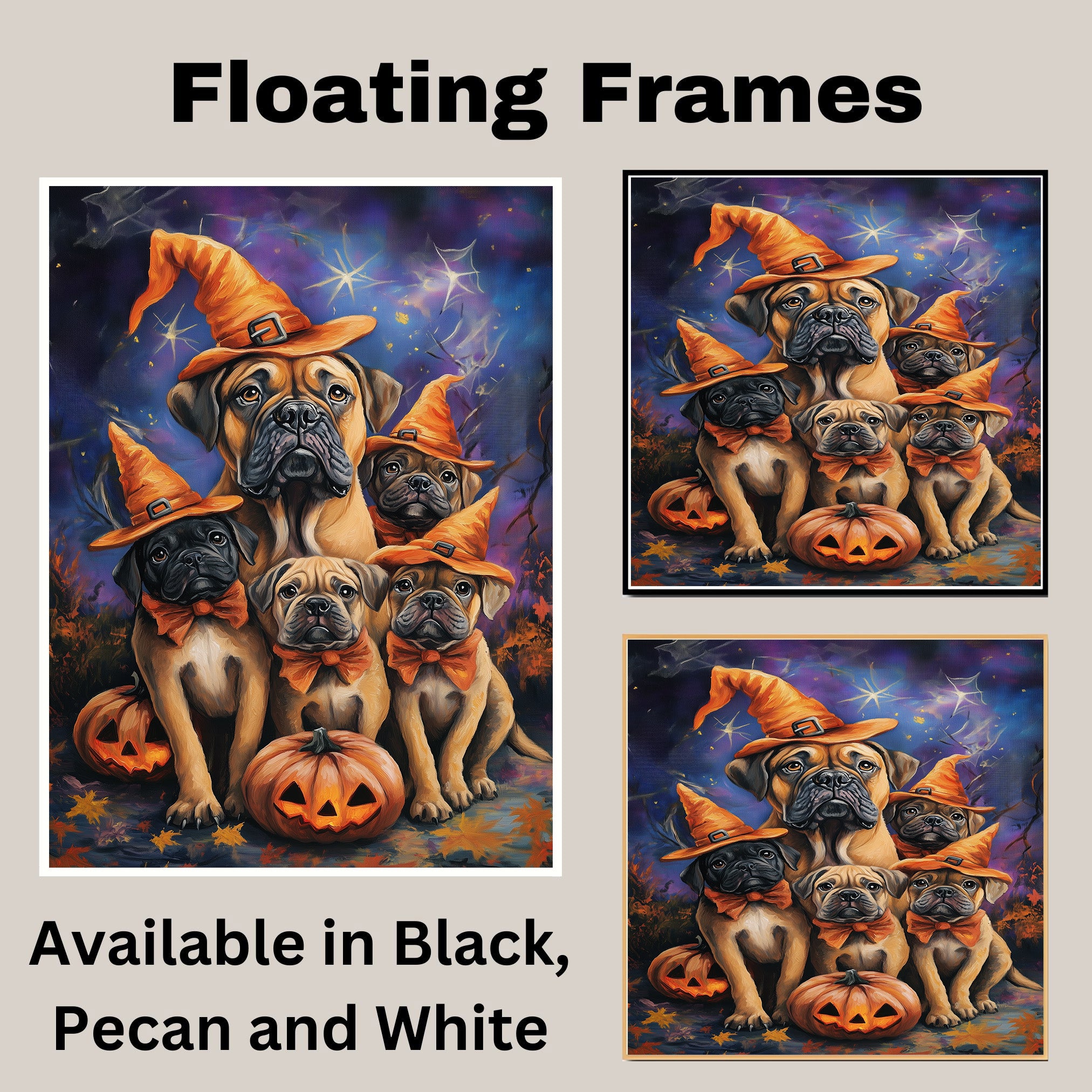 Bullmastiff Dog Halloween Canvas Wall Art with Witch Hat and Pumpkins Rustic Fall Accent for Farmhouse Homes on Ready to Hang 1.5" Thick Canvas Wrap, Floating Framed Canvas, Flat Rolled Canvas