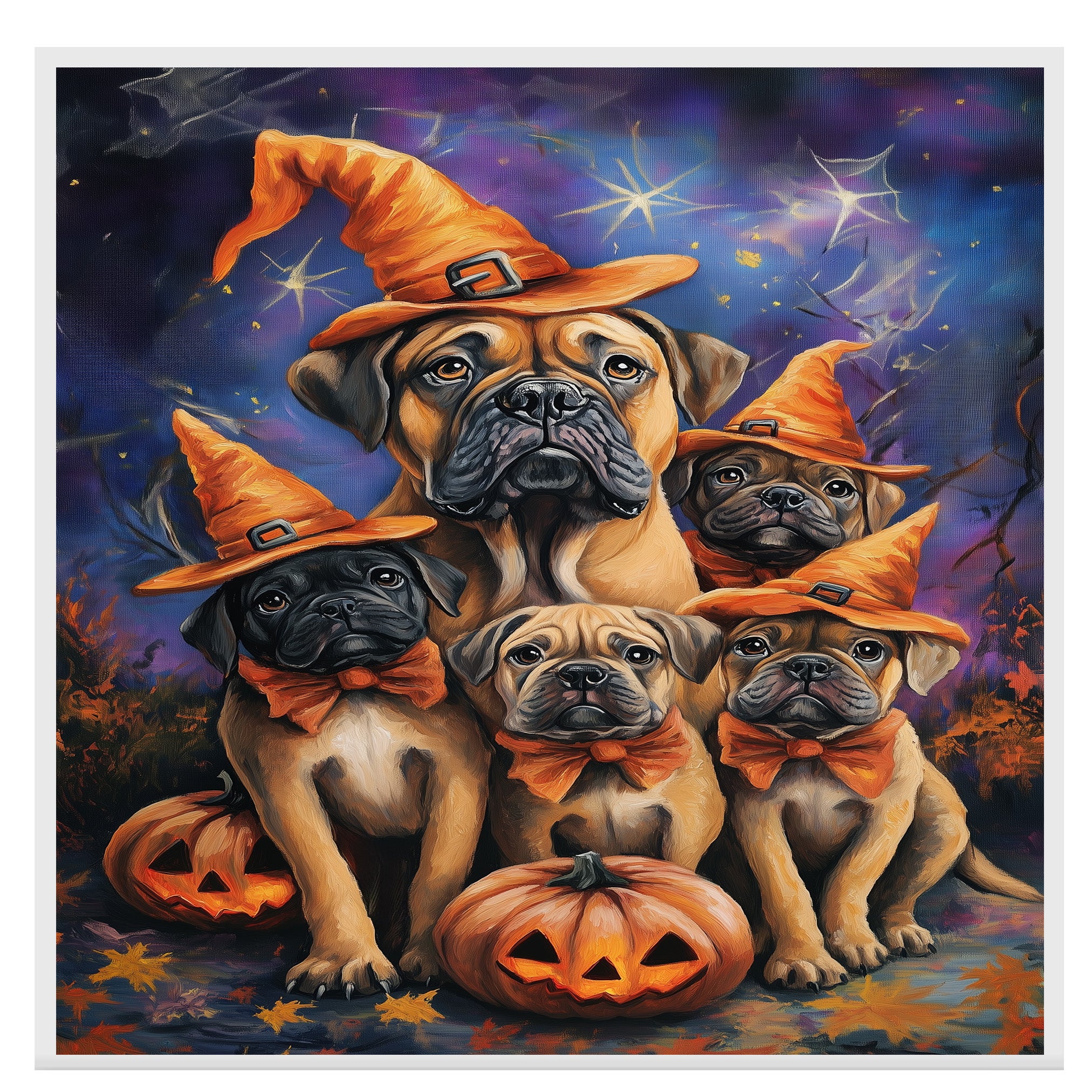 Bullmastiff Dog Halloween Canvas Wall Art with Witch Hat and Pumpkins Rustic Fall Accent for Farmhouse Homes on Ready to Hang 1.5" Thick Canvas Wrap, Floating Framed Canvas, Flat Rolled Canvas