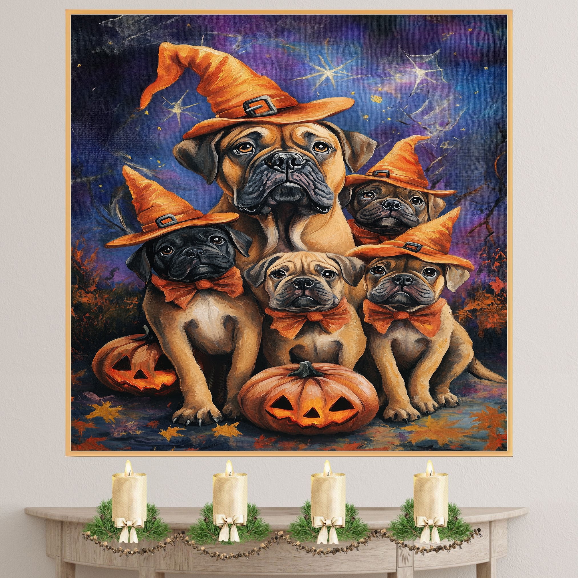 Bullmastiff Dog Halloween Canvas Wall Art with Witch Hat and Pumpkins Rustic Fall Accent for Farmhouse Homes on Ready to Hang 1.5" Thick Canvas Wrap, Floating Framed Canvas, Flat Rolled Canvas