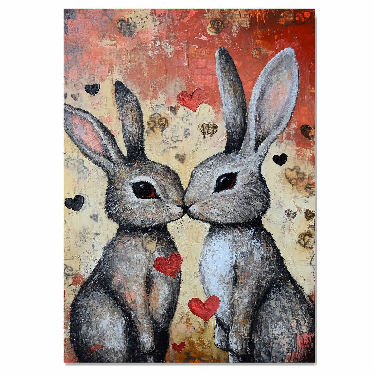 Bunny Couple Kissing with Hearts Romantic Rabbit Artwork for Animal Lovers and Cozy Home Spaces on Ready to Hang 1.5" Thick Canvas Wrap, Floating Framed Canvas, Flat Rolled Canvas