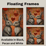 Romantic Bunny Couple Kissing with Red Hearts Warm Rustic Rabbit Artwork for Animal Lovers and Cozy Decor on Ready to Hang 1.5" Thick Canvas Wrap, Floating Framed Canvas, Flat Rolled Canvas