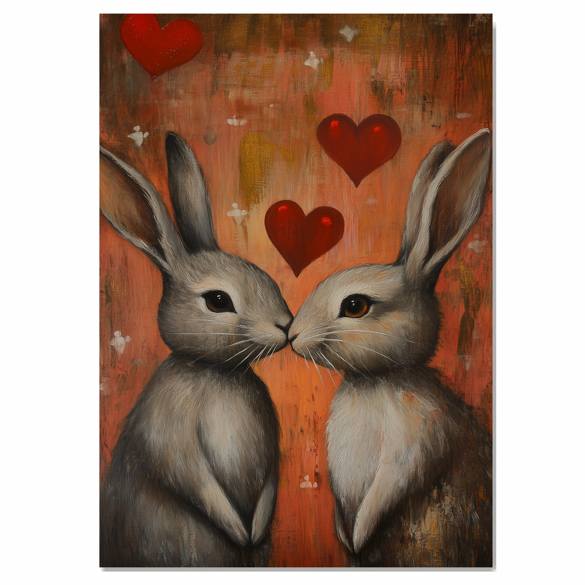 Romantic Bunny Couple Kissing with Red Hearts Warm Rustic Rabbit Artwork for Animal Lovers and Cozy Decor on Ready to Hang 1.5" Thick Canvas Wrap, Floating Framed Canvas, Flat Rolled Canvas