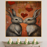 Romantic Bunny Couple Kissing with Red Hearts Warm Rustic Rabbit Artwork for Animal Lovers and Cozy Decor on Ready to Hang 1.5" Thick Canvas Wrap, Floating Framed Canvas, Flat Rolled Canvas