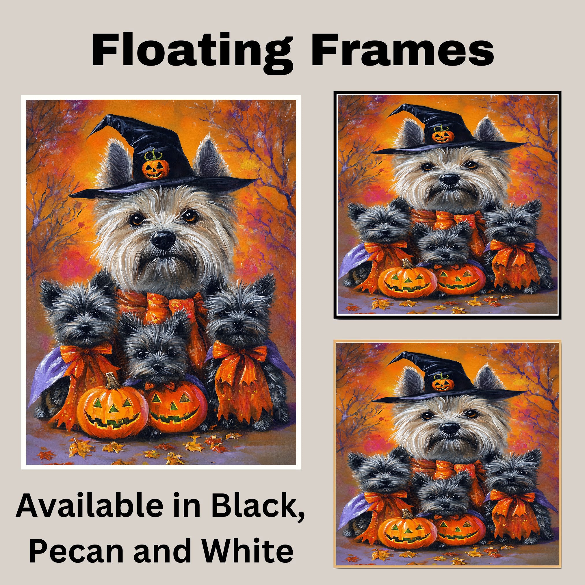 Halloween Cairn Terrier Dog Canvas Wall Art with Pumpkins and Witch Hat Rustic Fall Farmhouse Decor for Dog Lovers and Cozy Homes on Ready to Hang 1.5" Thick Canvas Wrap, Floating Framed Canvas, Flat Rolled Canvas