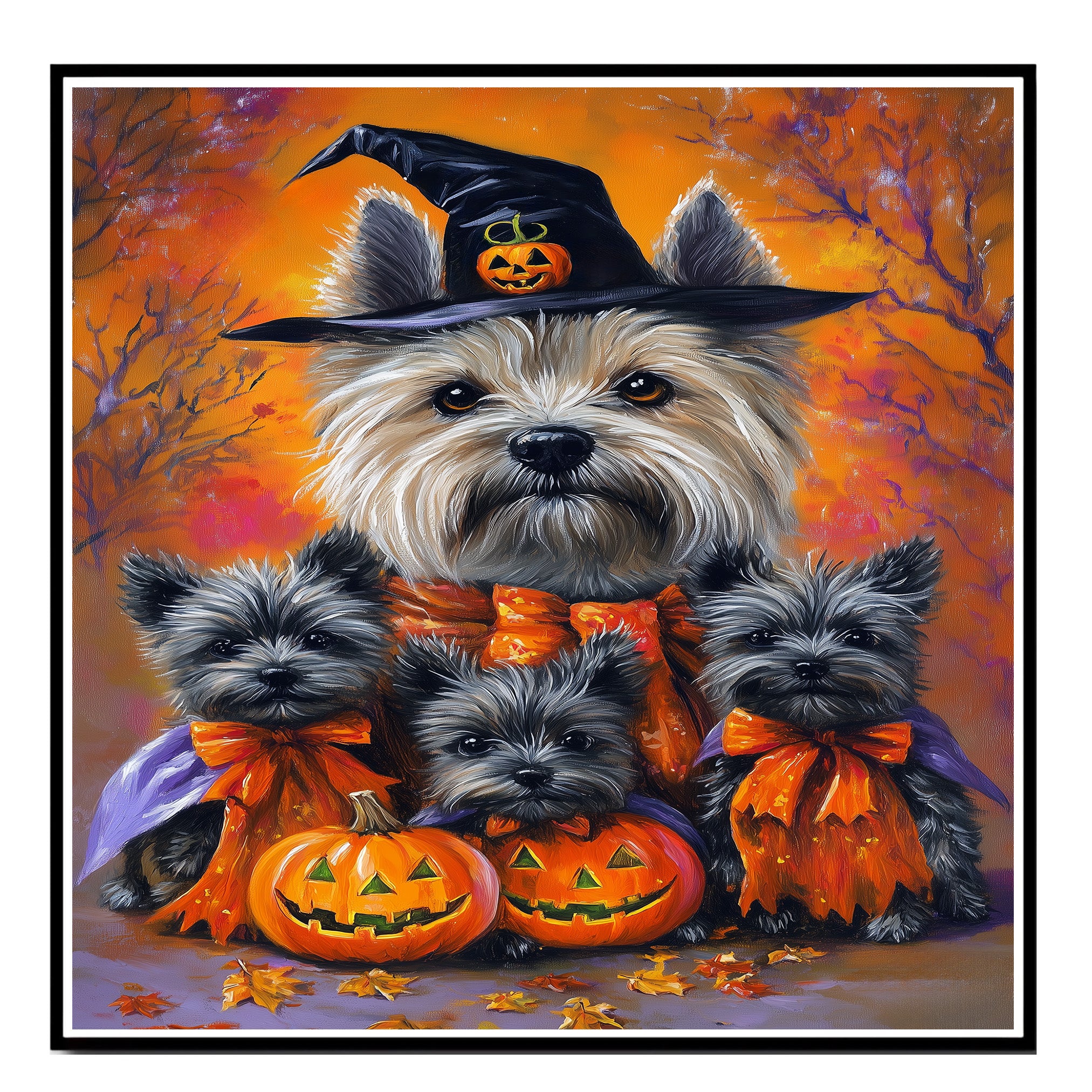 Halloween Cairn Terrier Dog Canvas Wall Art with Pumpkins and Witch Hat Rustic Fall Farmhouse Decor for Dog Lovers and Cozy Homes on Ready to Hang 1.5" Thick Canvas Wrap, Floating Framed Canvas, Flat Rolled Canvas