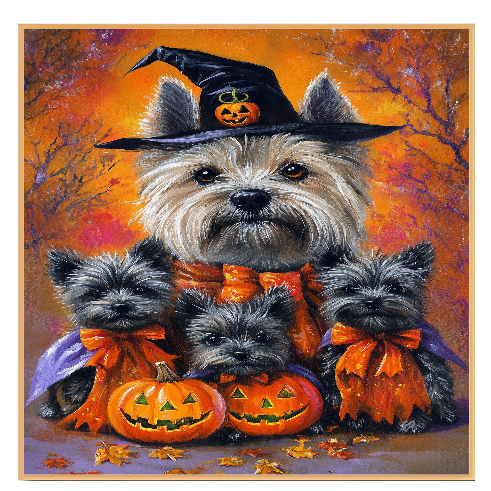 Halloween Cairn Terrier Dog Canvas Wall Art with Pumpkins and Witch Hat Rustic Fall Farmhouse Decor for Dog Lovers and Cozy Homes on Ready to Hang 1.5" Thick Canvas Wrap, Floating Framed Canvas, Flat Rolled Canvas