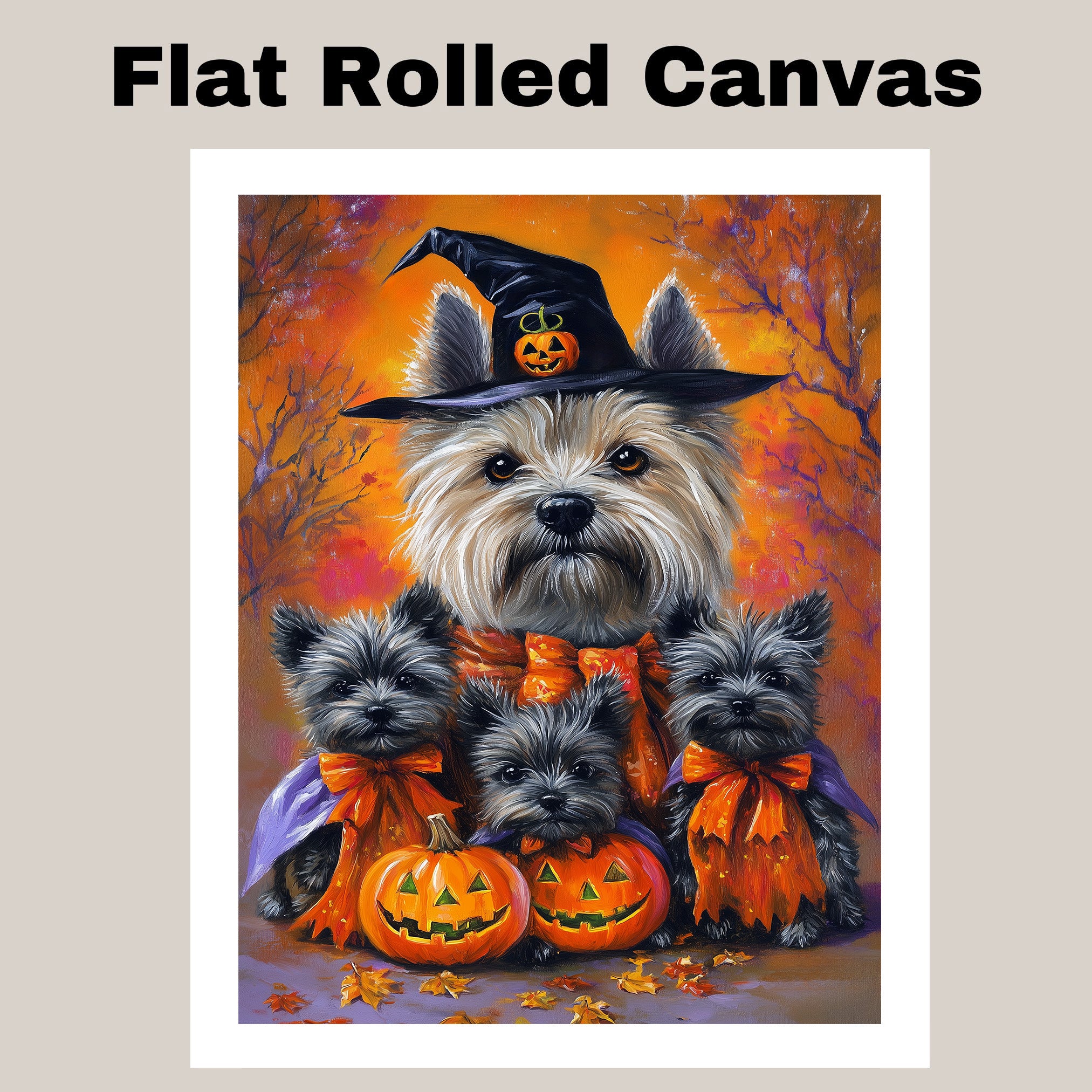 Halloween Cairn Terrier Dog Canvas Wall Art with Pumpkins and Witch Hat Rustic Fall Farmhouse Decor for Dog Lovers and Cozy Homes on Ready to Hang 1.5" Thick Canvas Wrap, Floating Framed Canvas, Flat Rolled Canvas