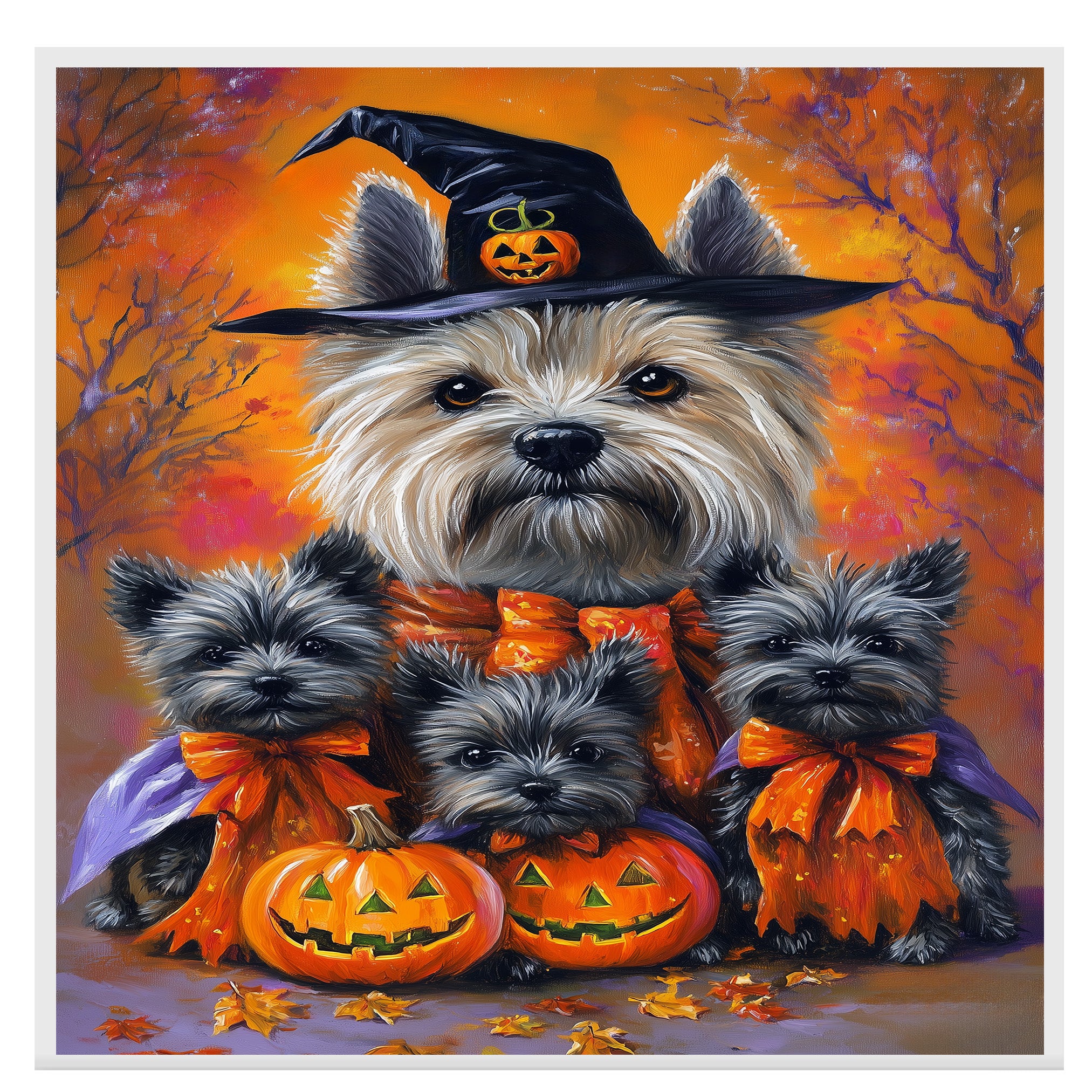 Halloween Cairn Terrier Dog Canvas Wall Art with Pumpkins and Witch Hat Rustic Fall Farmhouse Decor for Dog Lovers and Cozy Homes on Ready to Hang 1.5" Thick Canvas Wrap, Floating Framed Canvas, Flat Rolled Canvas