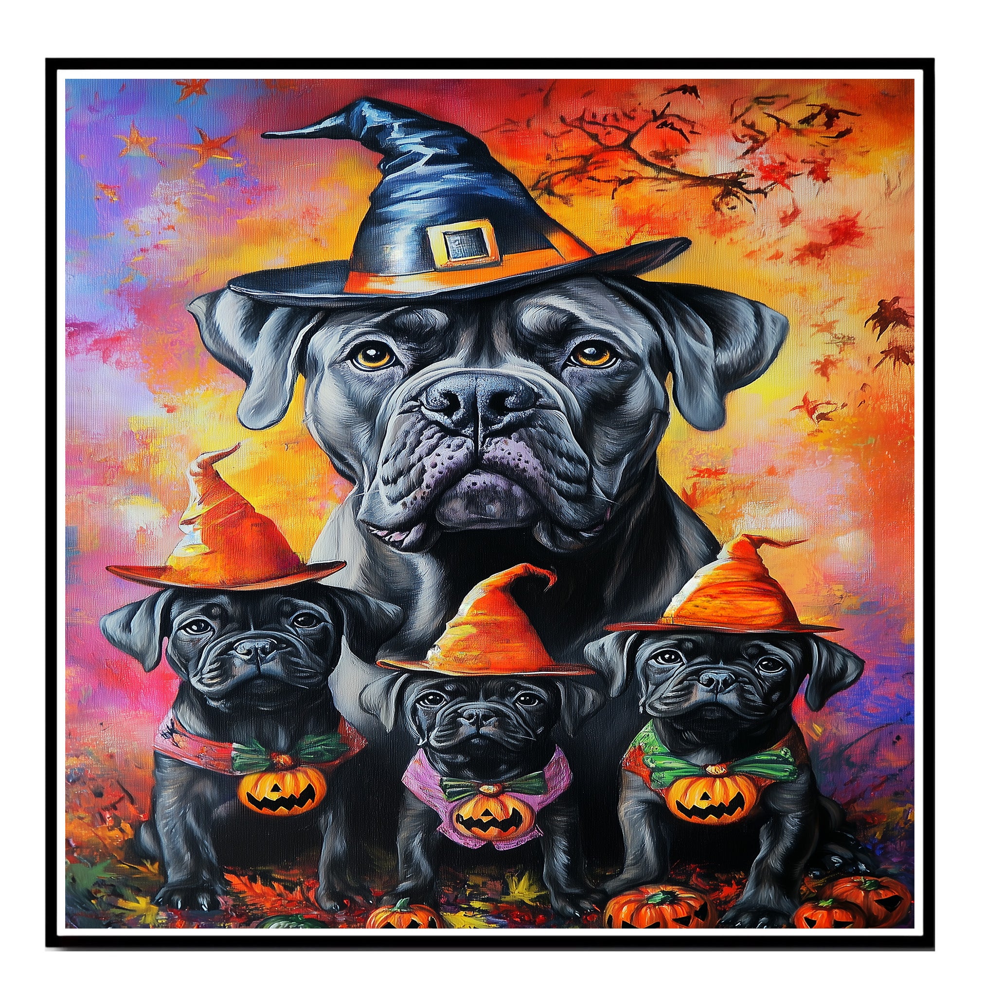 Cane Corso Dog Halloween Canvas Wall Art with Witch Hat and Pumpkin Rustic Fall Farmhouse Accent for Cozy Autumn Homes on Ready to Hang 1.5" Thick Canvas Wrap, Floating Framed Canvas, Flat Rolled Canvas