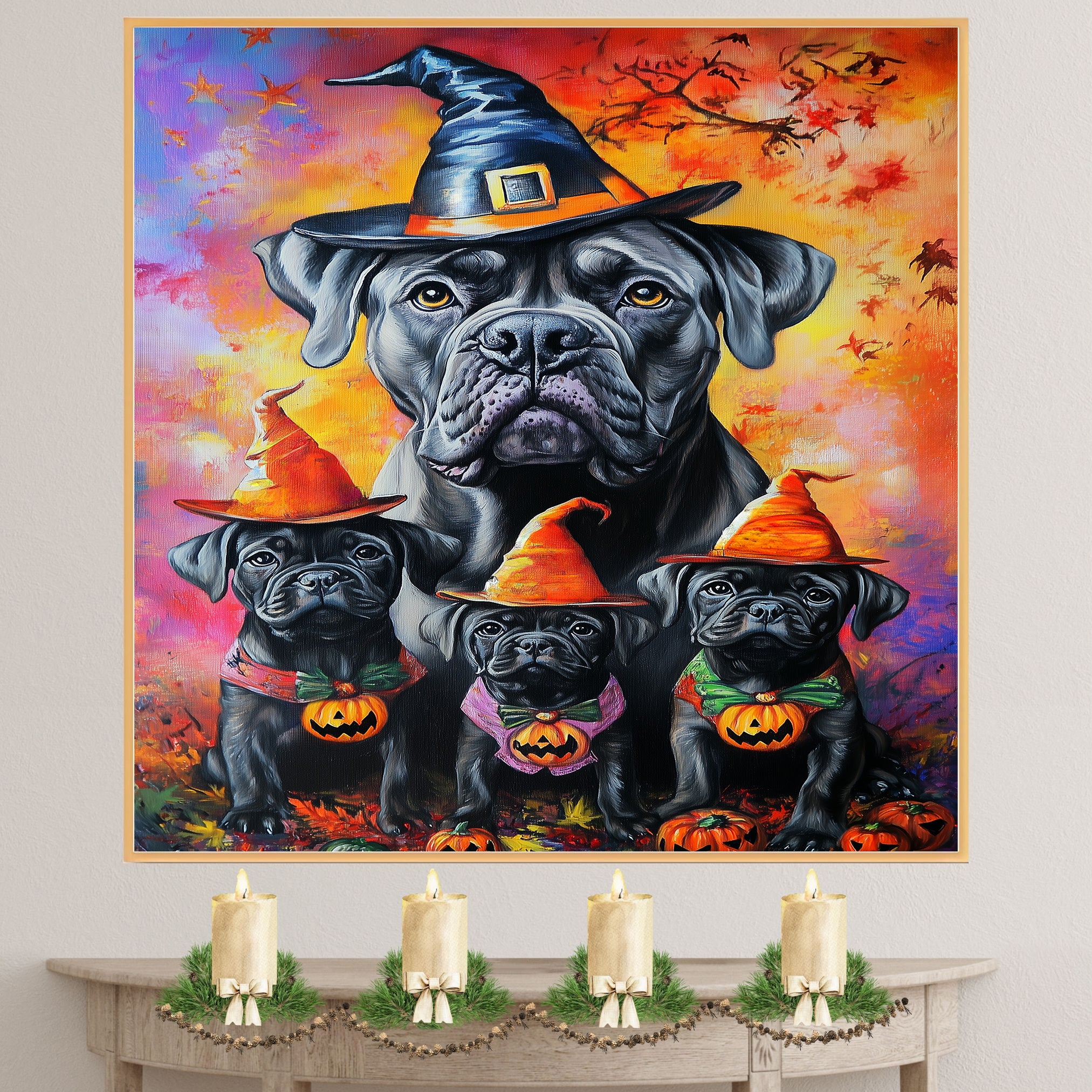 Cane Corso Dog Halloween Canvas Wall Art with Witch Hat and Pumpkin Rustic Fall Farmhouse Accent for Cozy Autumn Homes on Ready to Hang 1.5" Thick Canvas Wrap, Floating Framed Canvas, Flat Rolled Canvas