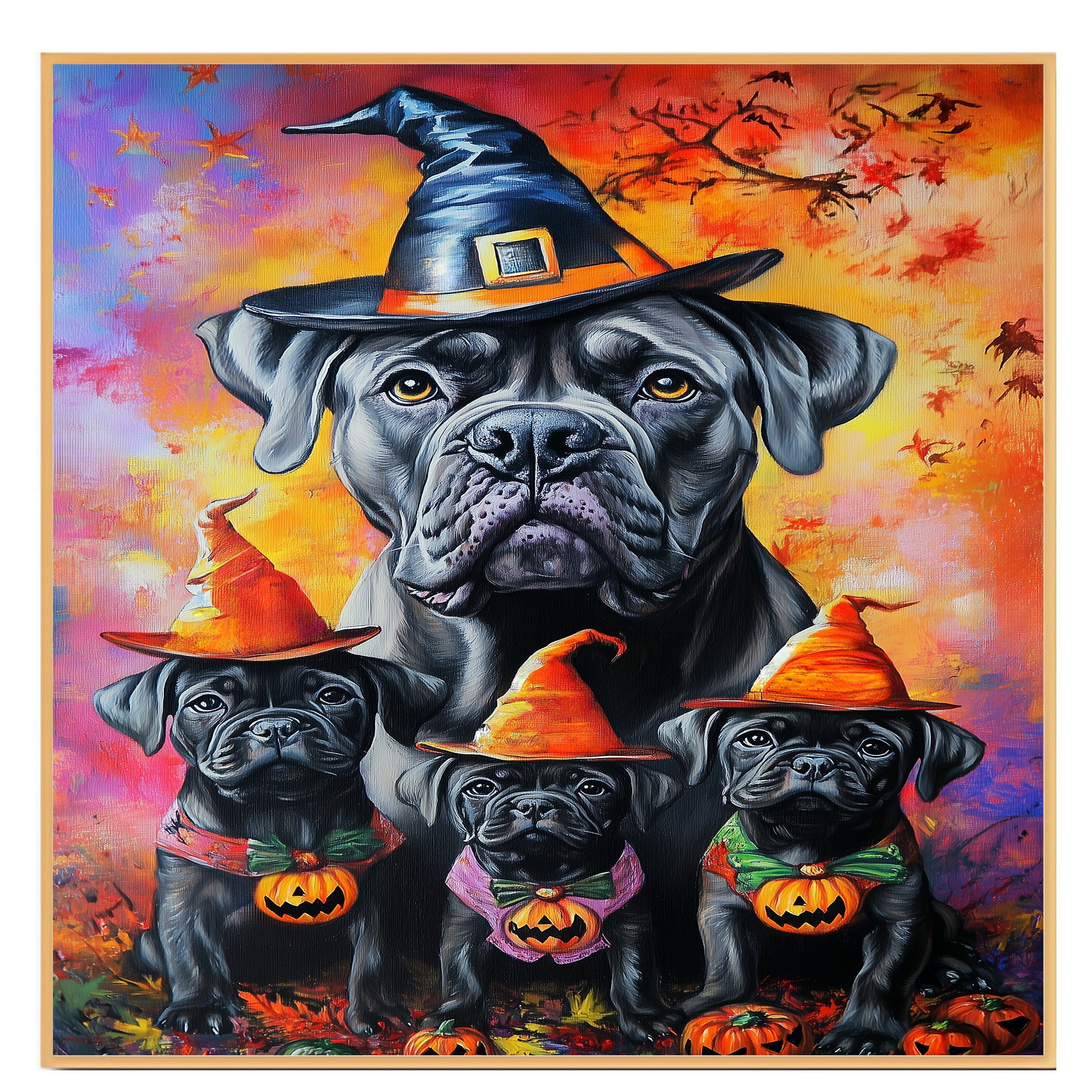 Cane Corso Dog Halloween Canvas Wall Art with Witch Hat and Pumpkin Rustic Fall Farmhouse Accent for Cozy Autumn Homes on Ready to Hang 1.5" Thick Canvas Wrap, Floating Framed Canvas, Flat Rolled Canvas