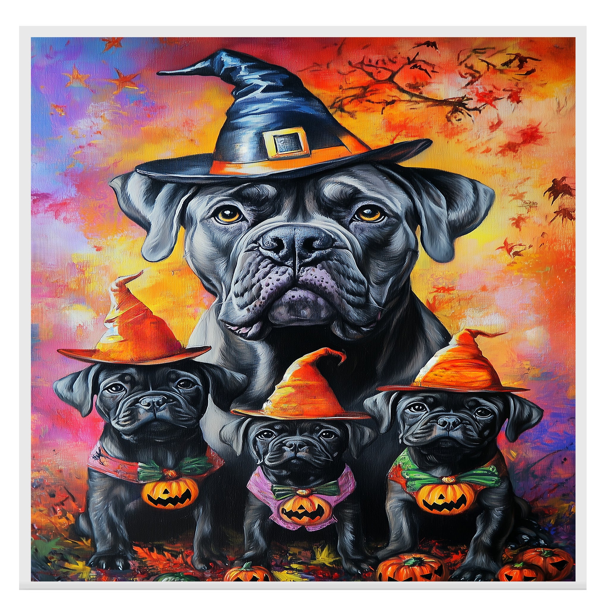 Cane Corso Dog Halloween Canvas Wall Art with Witch Hat and Pumpkin Rustic Fall Farmhouse Accent for Cozy Autumn Homes on Ready to Hang 1.5" Thick Canvas Wrap, Floating Framed Canvas, Flat Rolled Canvas