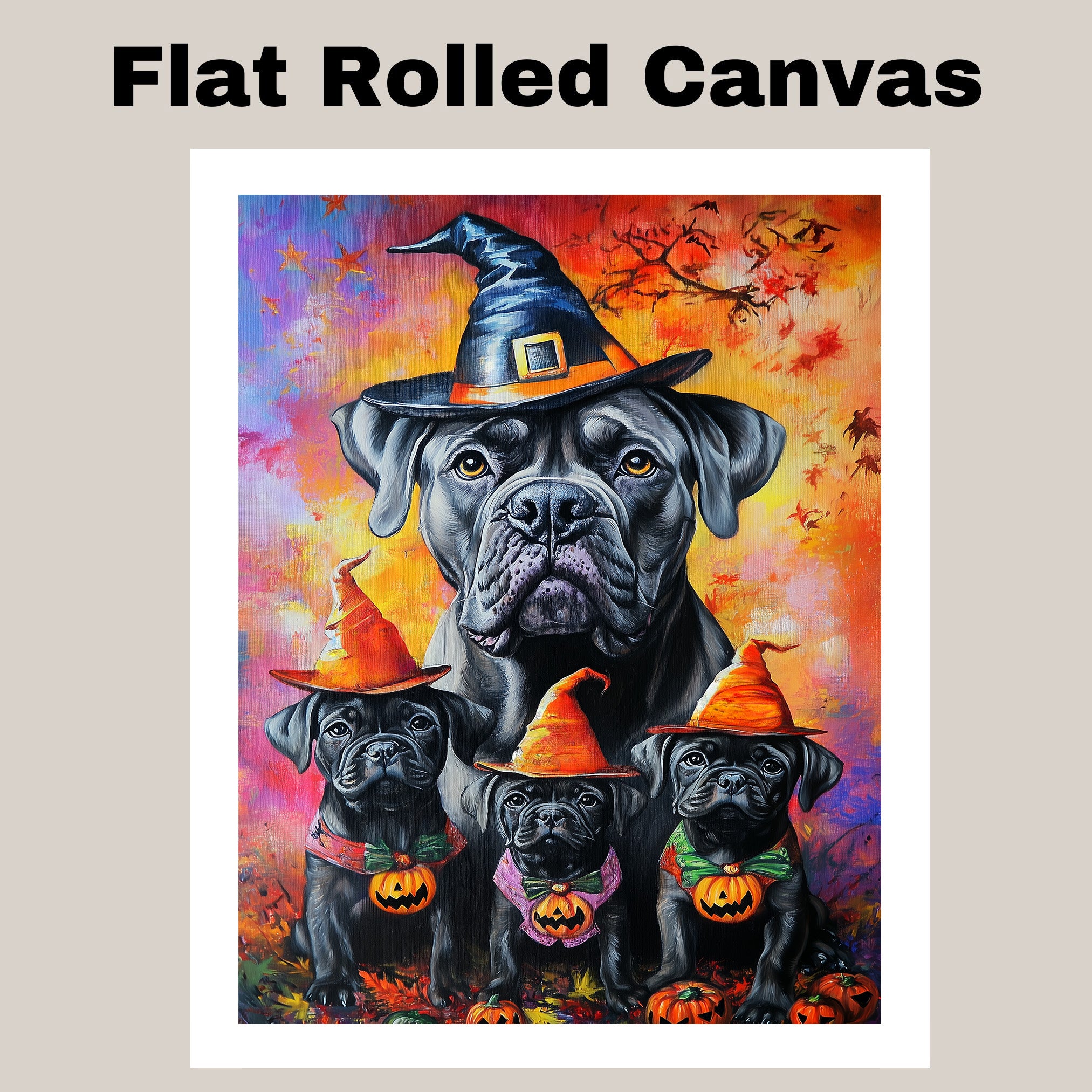 Cane Corso Dog Halloween Canvas Wall Art with Witch Hat and Pumpkin Rustic Fall Farmhouse Accent for Cozy Autumn Homes on Ready to Hang 1.5" Thick Canvas Wrap, Floating Framed Canvas, Flat Rolled Canvas