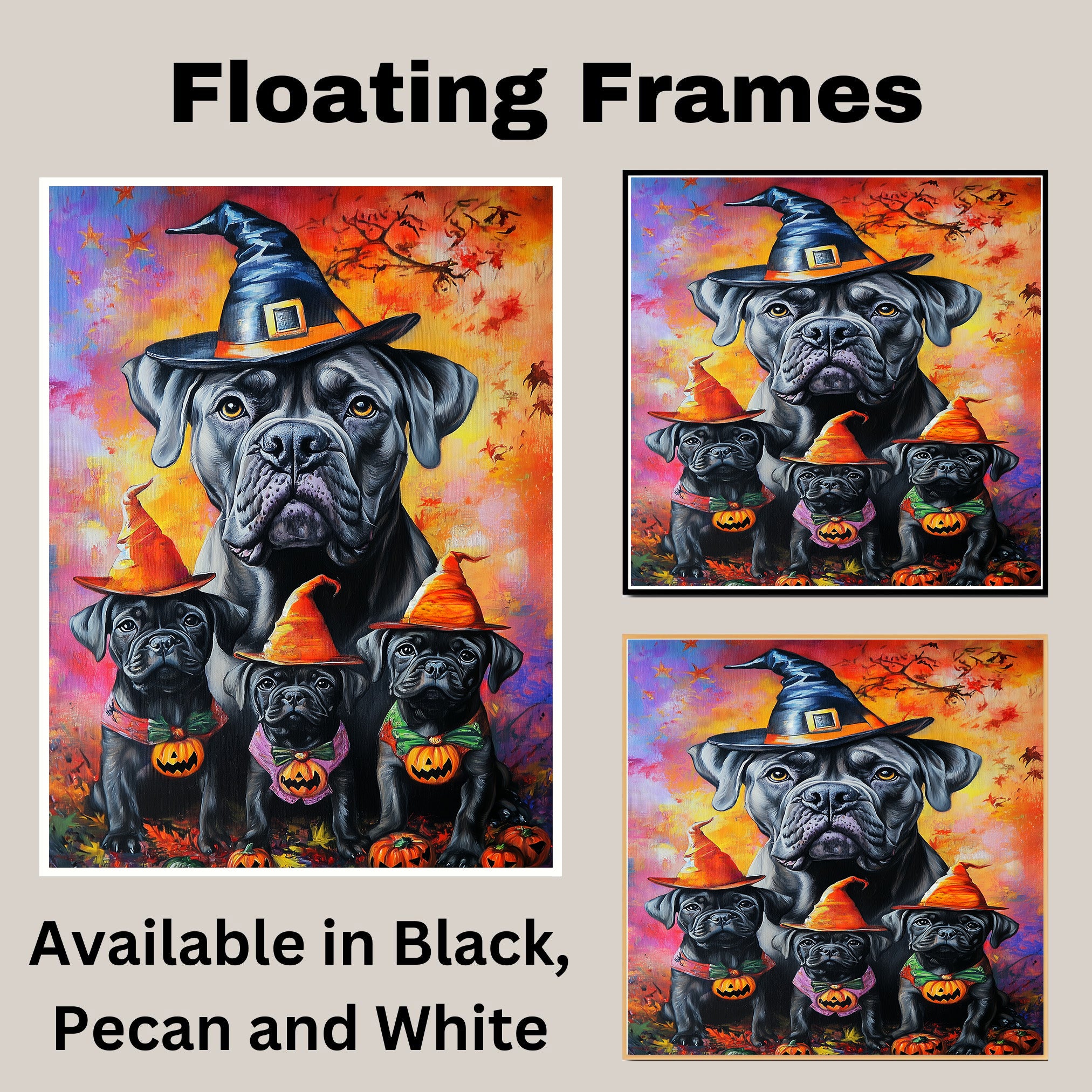 Cane Corso Dog Halloween Canvas Wall Art with Witch Hat and Pumpkin Rustic Fall Farmhouse Accent for Cozy Autumn Homes on Ready to Hang 1.5" Thick Canvas Wrap, Floating Framed Canvas, Flat Rolled Canvas
