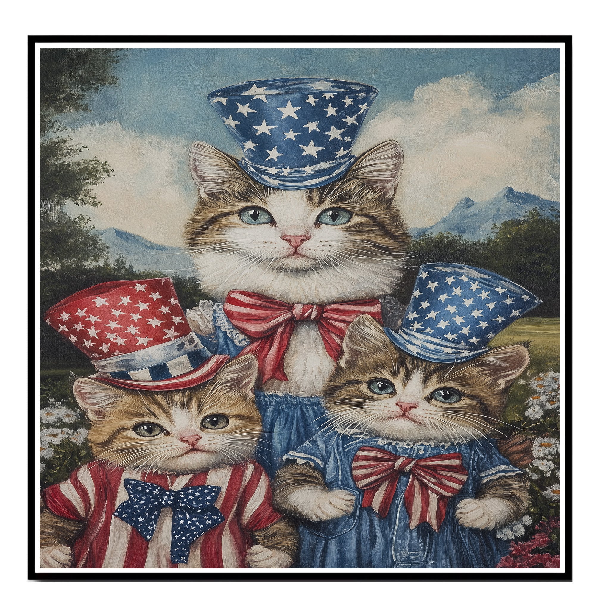 Mother Cat and Three Kittens in Red White and Blue Starry Outfits with Top Hats and Bows in Charming Oil Painting on Ready to Hang 1.5" Thick Canvas Wrap, Floating Framed Canvas, Flat Rolled Canvas