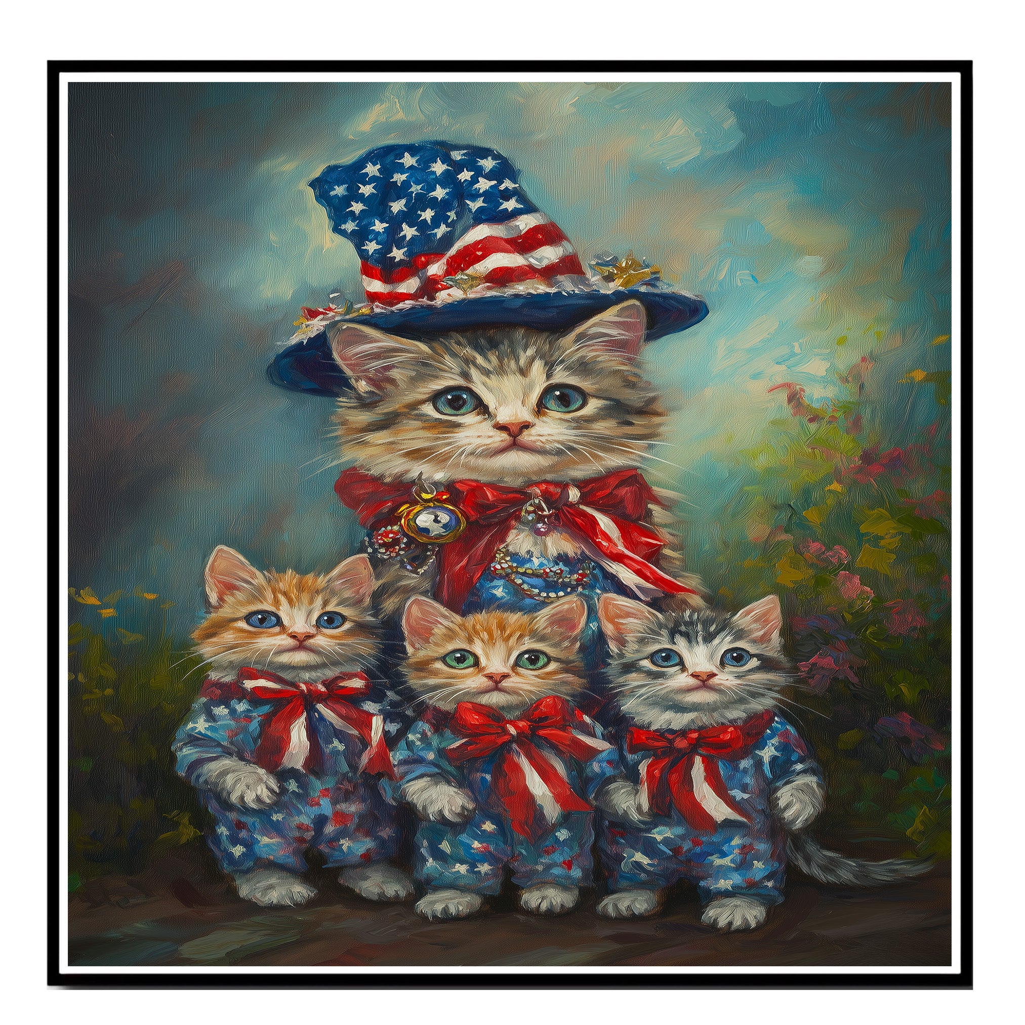 Mother Cat and Three Kittens in Patriotic Outfits with Stars and Stripes in a Garden Setting on Ready to Hang 1.5" Thick Canvas Wrap, Floating Framed Canvas, Flat Rolled Canvas