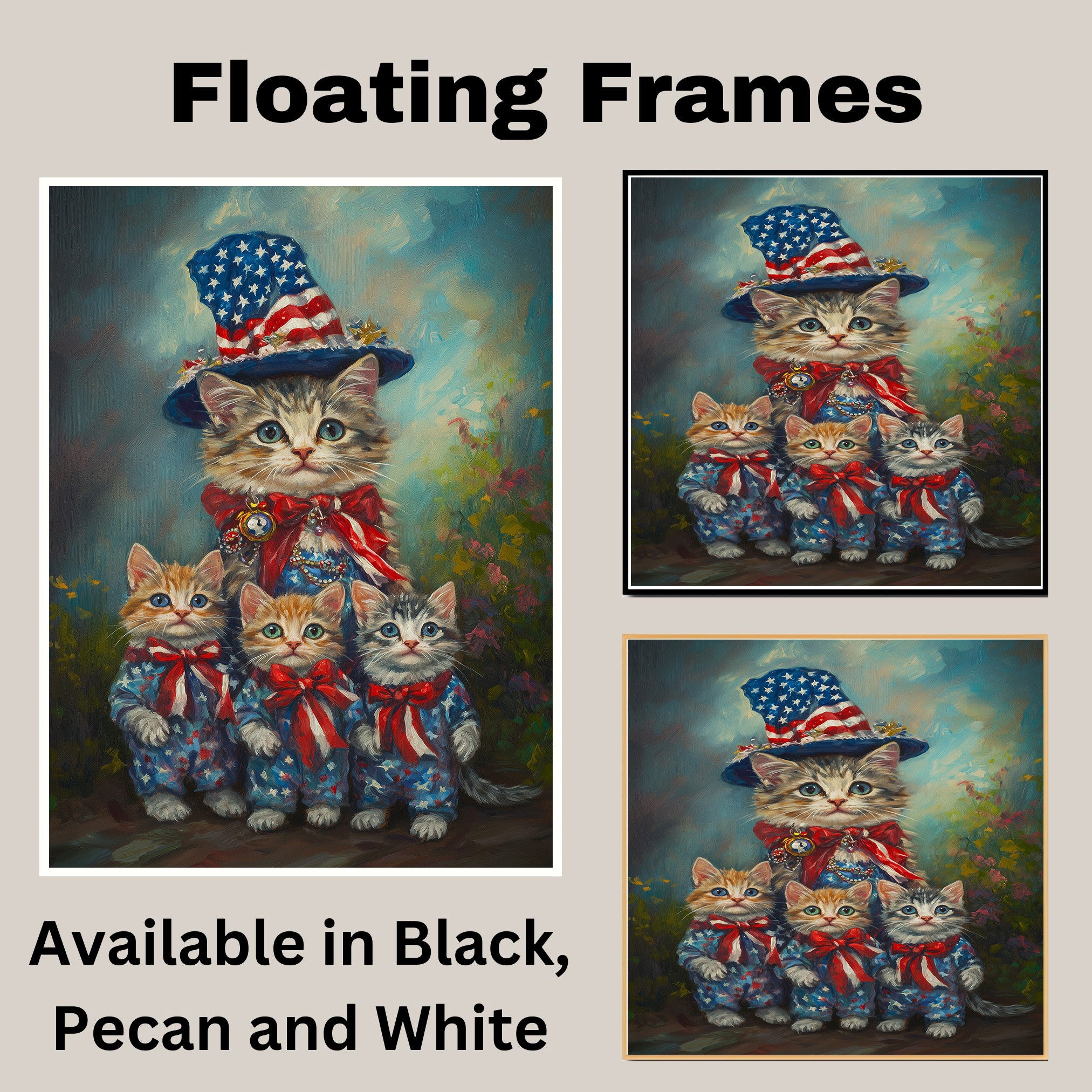 Mother Cat and Three Kittens in Patriotic Outfits with Stars and Stripes in a Garden Setting on Ready to Hang 1.5" Thick Canvas Wrap, Floating Framed Canvas, Flat Rolled Canvas