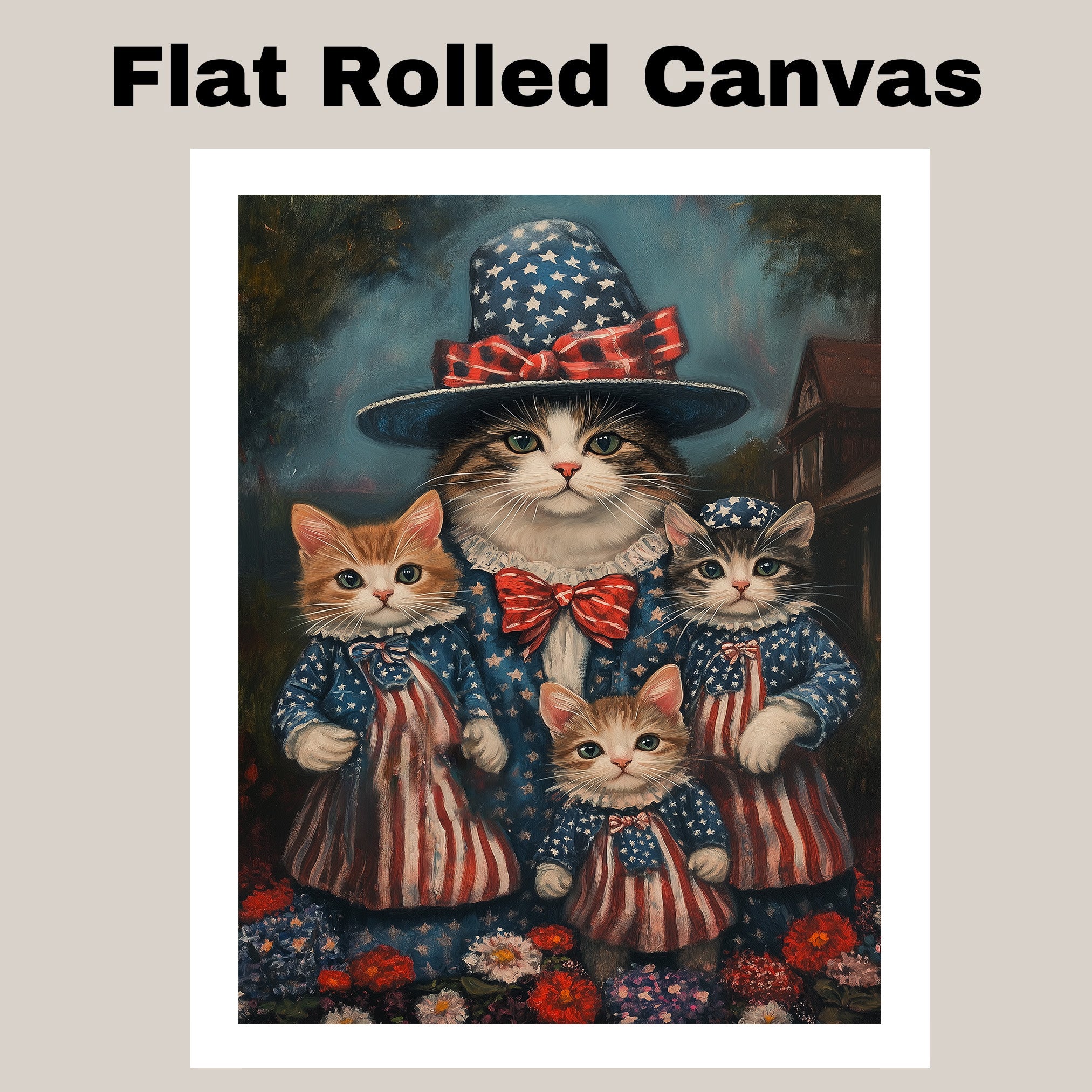 Mother Cat and Three Kittens in Patriotic Outfits with Red White and Blue Hats and Bows in Oil Painting Style on Ready to Hang 1.5" Thick Canvas Wrap, Floating Framed Canvas, Flat Rolled Canvas