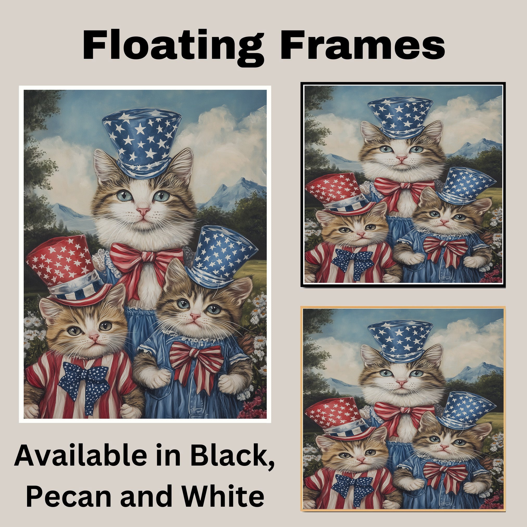 Mother Cat and Three Kittens in Red White and Blue Starry Outfits with Top Hats and Bows in Charming Oil Painting on Ready to Hang 1.5" Thick Canvas Wrap, Floating Framed Canvas, Flat Rolled Canvas