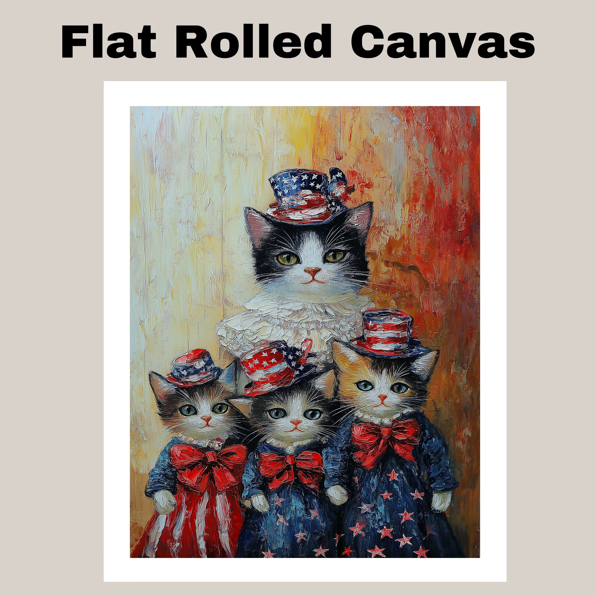 Mother Cat and Three Kittens Dressed in Patriotic Red White and Blue Outfits with Stars and Bows in Oil Painting Style on Ready to Hang 1.5" Thick Canvas Wrap, Floating Framed Canvas, Flat Rolled Canvas