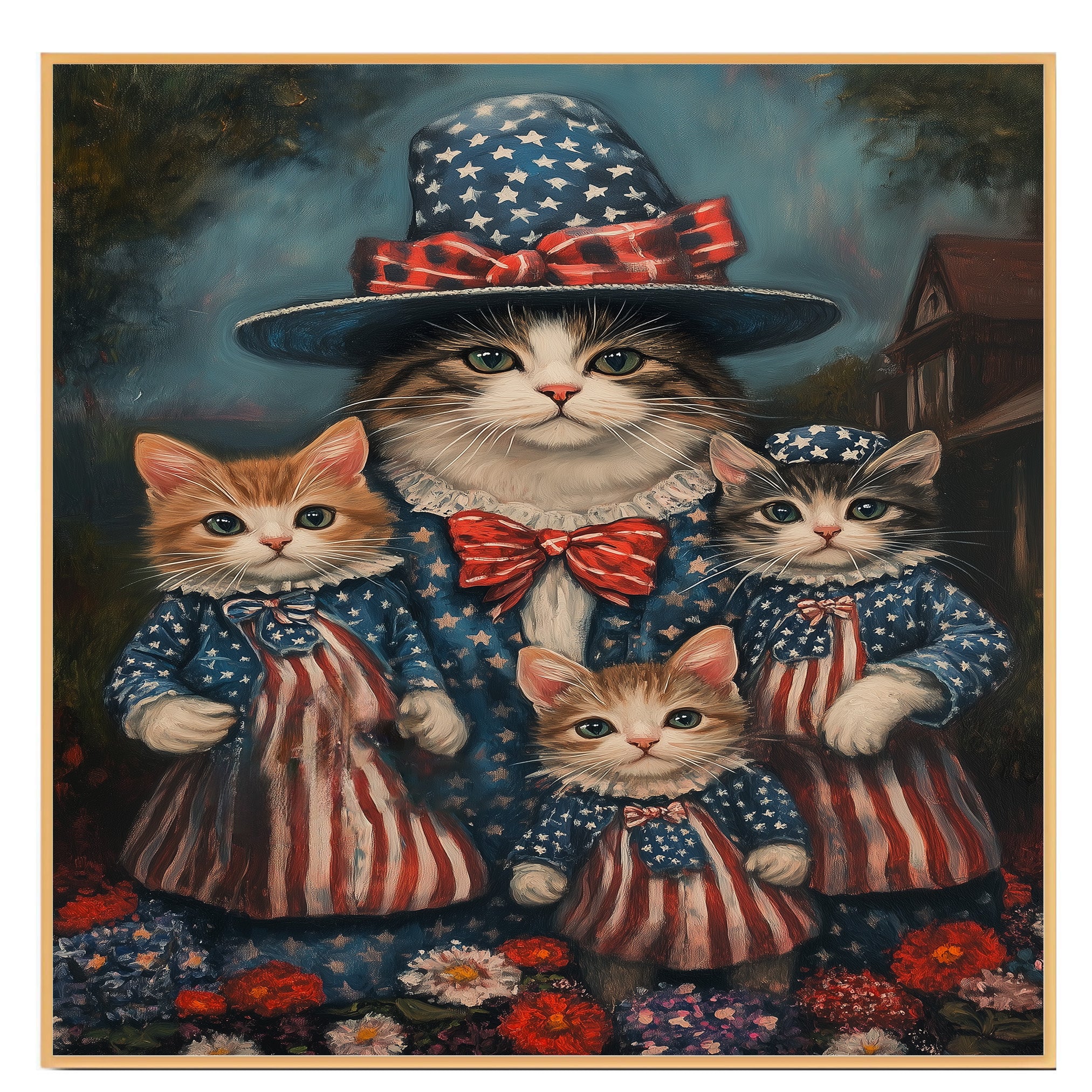 Mother Cat and Three Kittens in Patriotic Outfits with Red White and Blue Hats and Bows in Oil Painting Style on Ready to Hang 1.5" Thick Canvas Wrap, Floating Framed Canvas, Flat Rolled Canvas