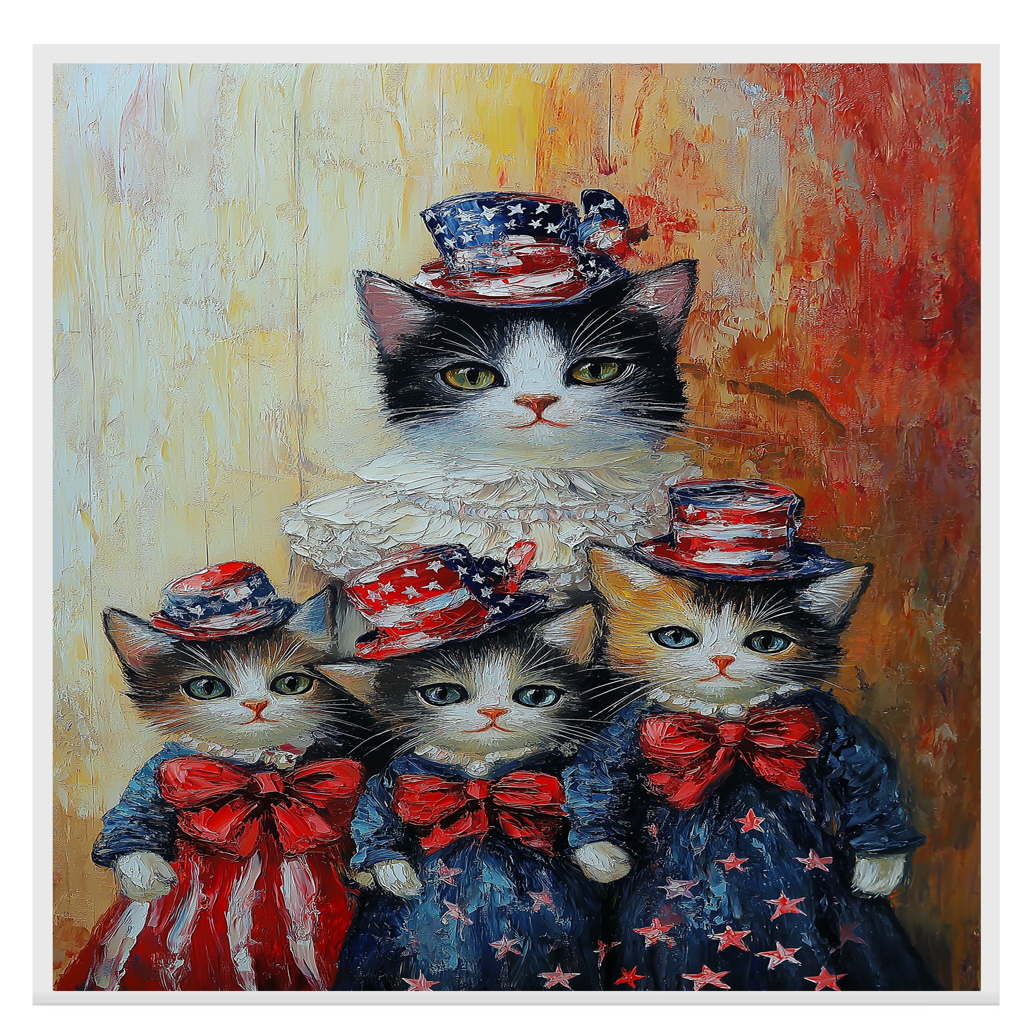 Mother Cat and Three Kittens Dressed in Patriotic Red White and Blue Outfits with Stars and Bows in Oil Painting Style on Ready to Hang 1.5" Thick Canvas Wrap, Floating Framed Canvas, Flat Rolled Canvas
