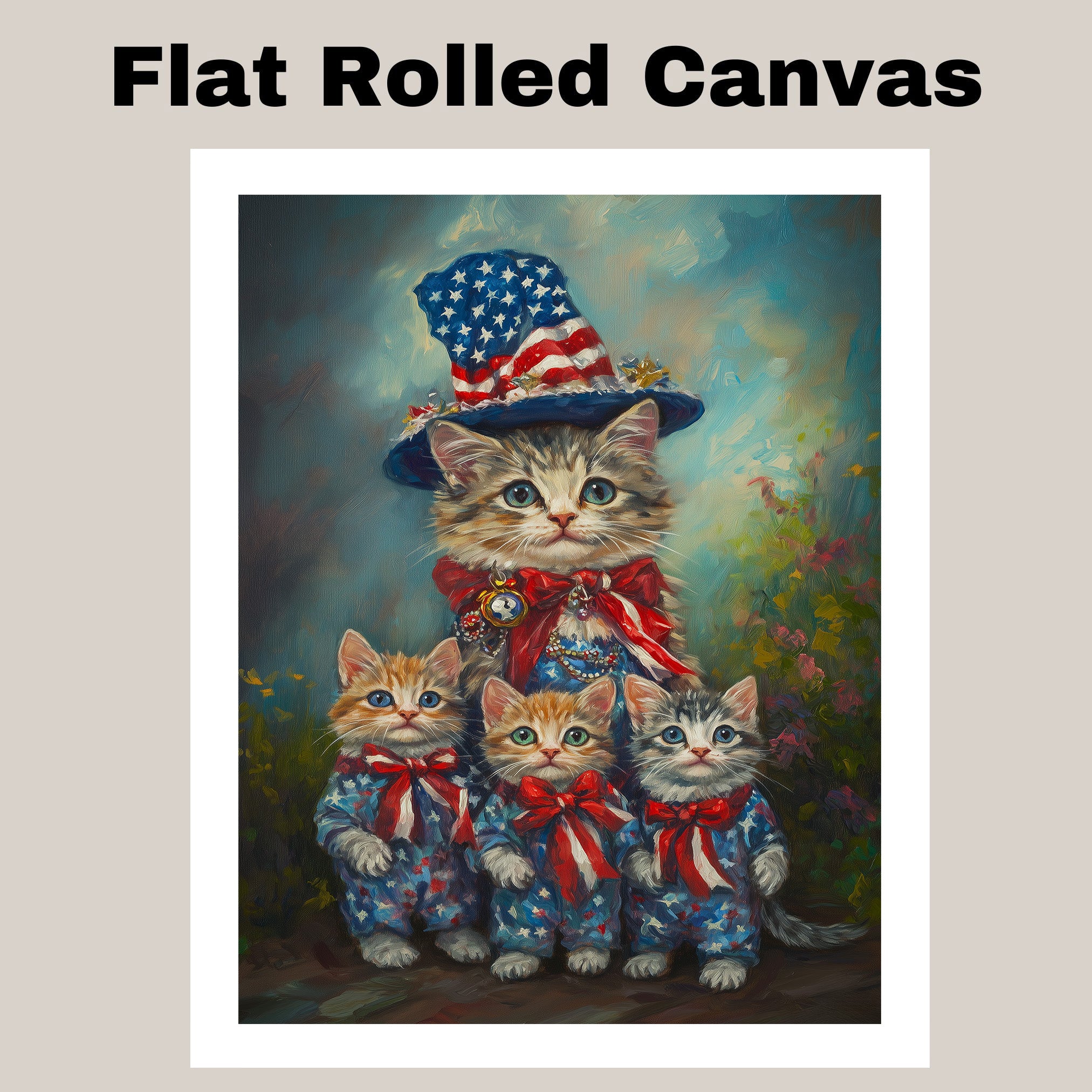 Mother Cat and Three Kittens in Patriotic Outfits with Stars and Stripes in a Garden Setting on Ready to Hang 1.5" Thick Canvas Wrap, Floating Framed Canvas, Flat Rolled Canvas