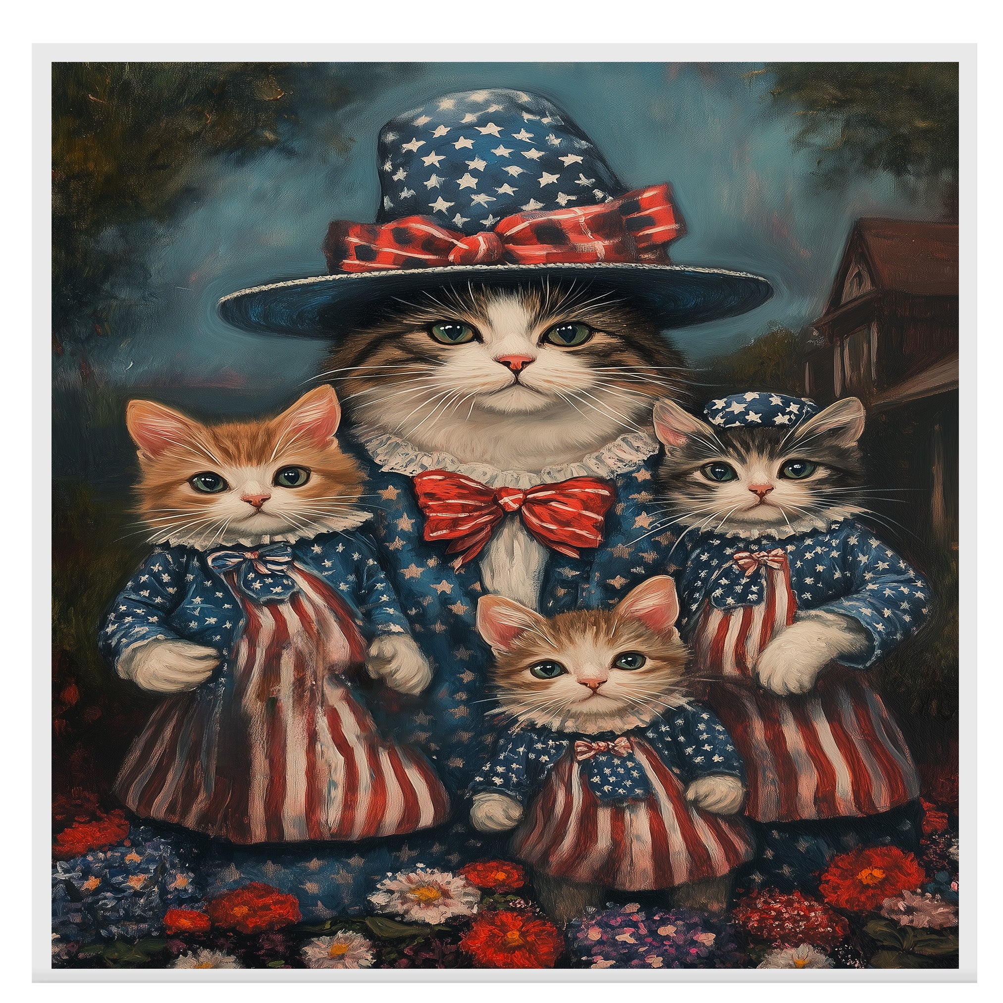 Mother Cat and Three Kittens in Patriotic Outfits with Red White and Blue Hats and Bows in Oil Painting Style on Ready to Hang 1.5" Thick Canvas Wrap, Floating Framed Canvas, Flat Rolled Canvas