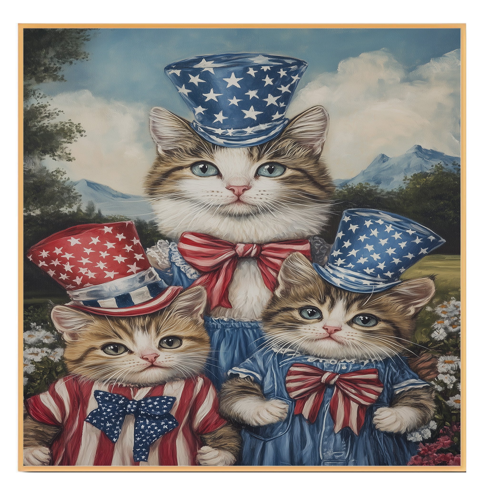 Mother Cat and Three Kittens in Red White and Blue Starry Outfits with Top Hats and Bows in Charming Oil Painting on Ready to Hang 1.5" Thick Canvas Wrap, Floating Framed Canvas, Flat Rolled Canvas