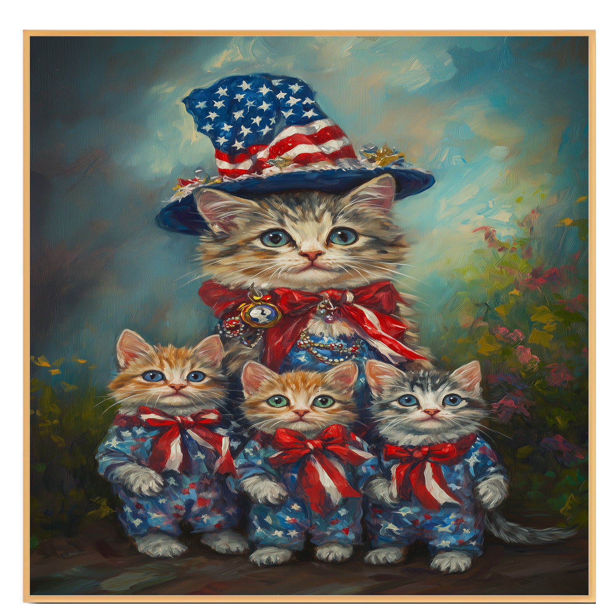 Mother Cat and Three Kittens in Patriotic Outfits with Stars and Stripes in a Garden Setting on Ready to Hang 1.5" Thick Canvas Wrap, Floating Framed Canvas, Flat Rolled Canvas