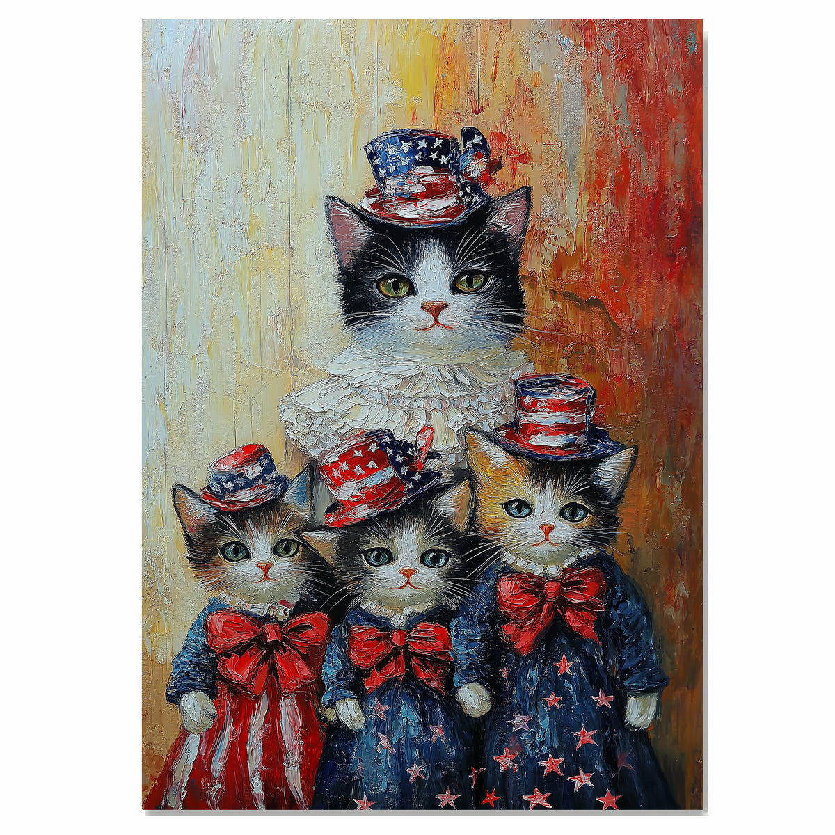 Mother Cat and Three Kittens Dressed in Patriotic Red White and Blue Outfits with Stars and Bows in Oil Painting Style on Ready to Hang 1.5" Thick Canvas Wrap, Floating Framed Canvas, Flat Rolled Canvas