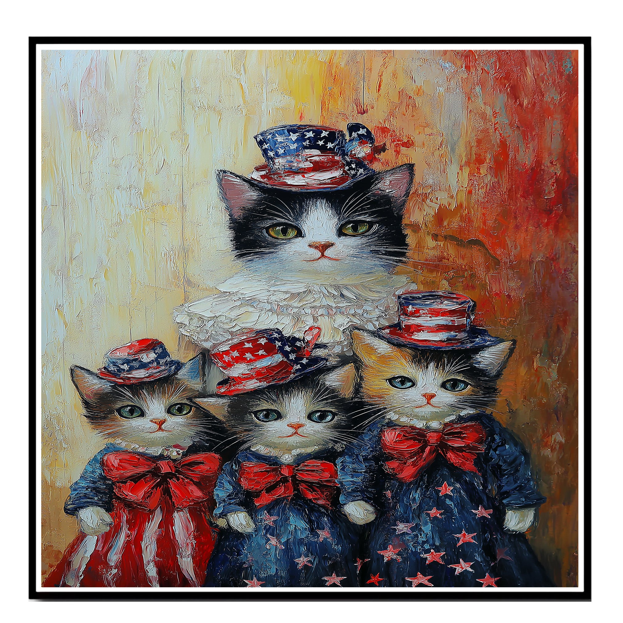 Mother Cat and Three Kittens Dressed in Patriotic Red White and Blue Outfits with Stars and Bows in Oil Painting Style on Ready to Hang 1.5" Thick Canvas Wrap, Floating Framed Canvas, Flat Rolled Canvas