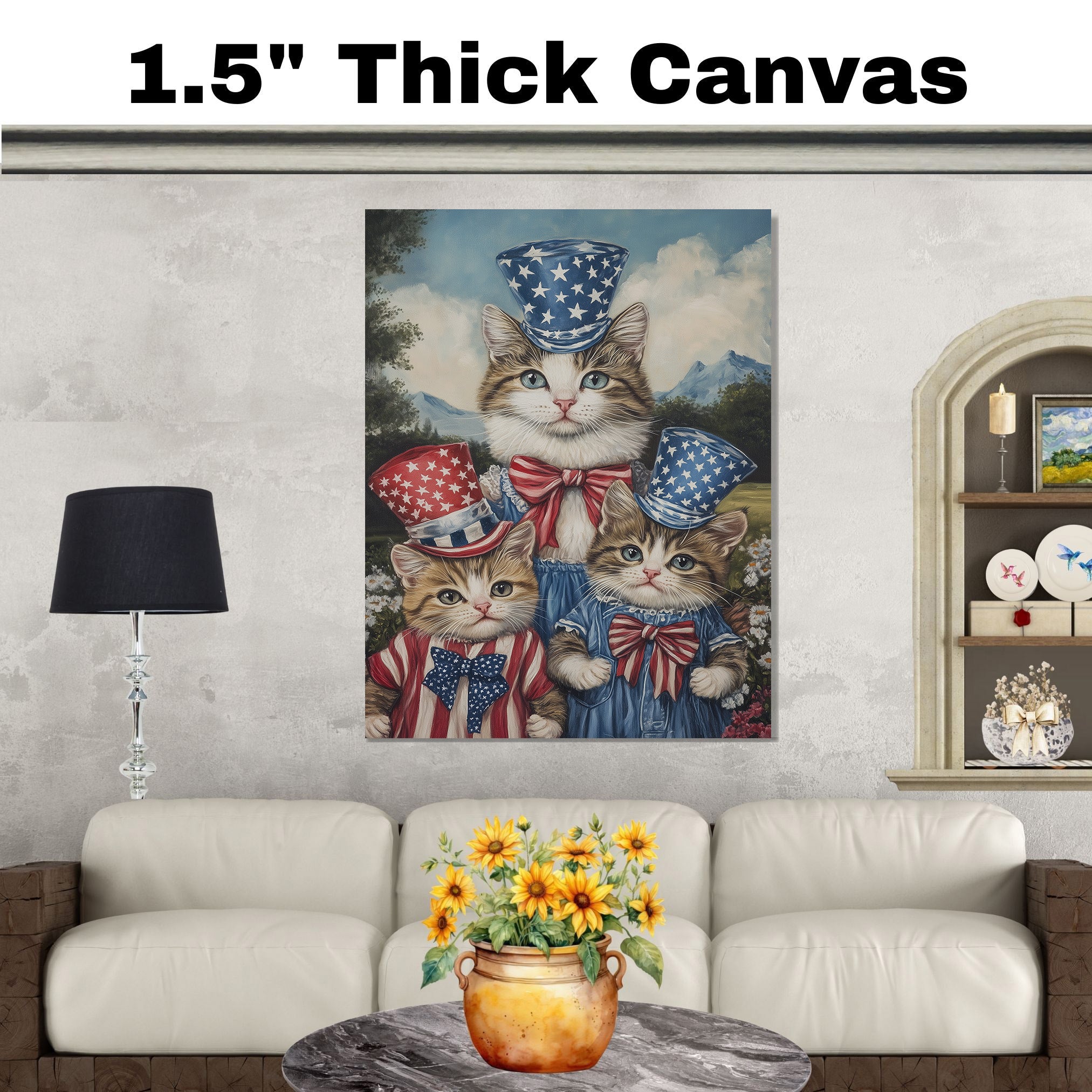 Mother Cat and Three Kittens in Red White and Blue Starry Outfits with Top Hats and Bows in Charming Oil Painting on Ready to Hang 1.5" Thick Canvas Wrap, Floating Framed Canvas, Flat Rolled Canvas