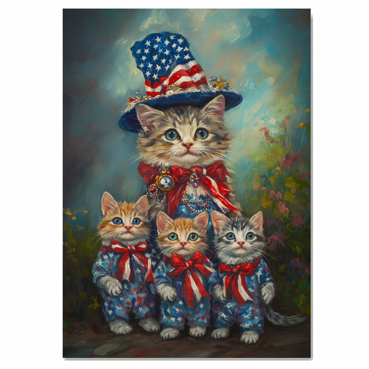 Mother Cat and Three Kittens in Patriotic Outfits with Stars and Stripes in a Garden Setting on Ready to Hang 1.5" Thick Canvas Wrap, Floating Framed Canvas, Flat Rolled Canvas