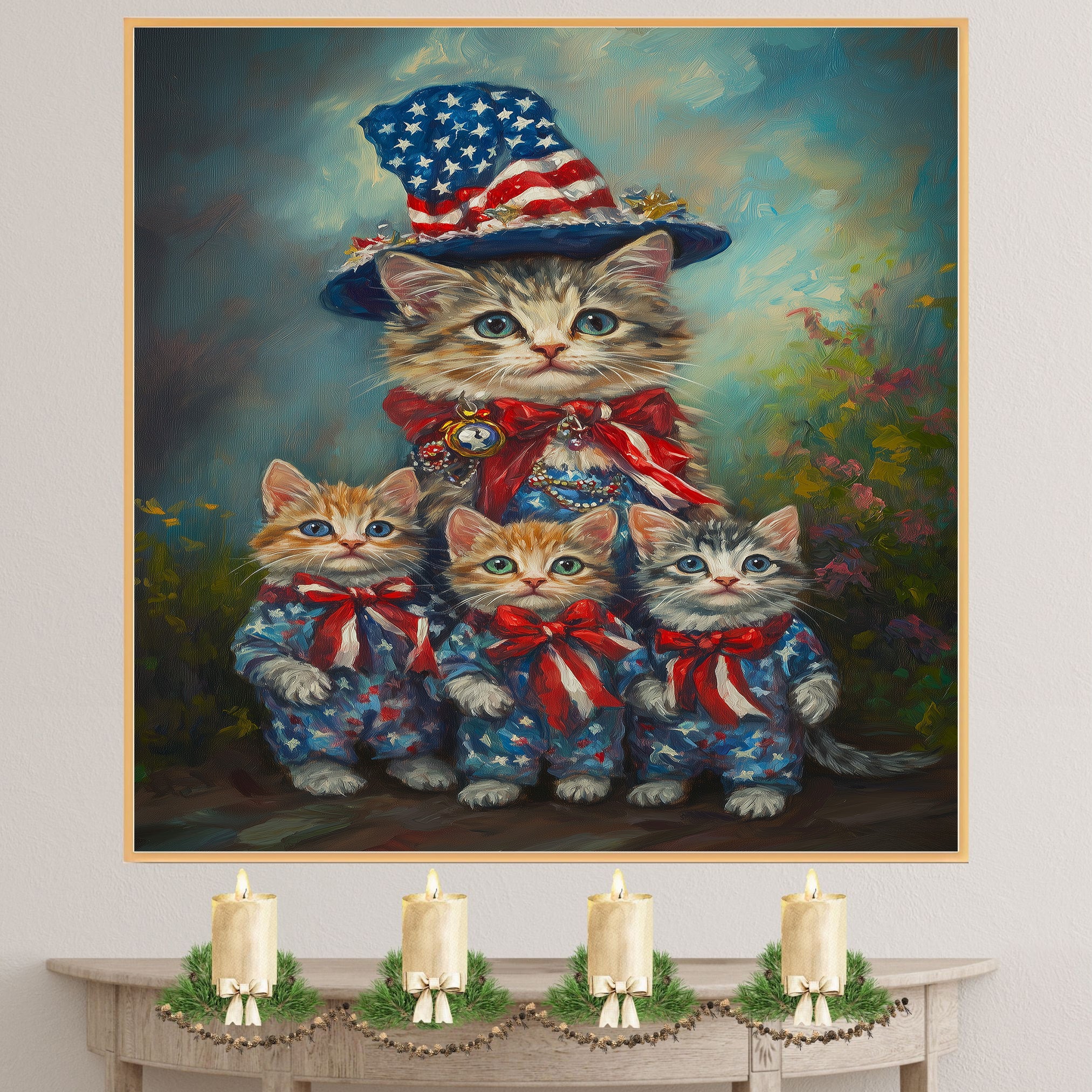 Mother Cat and Three Kittens in Patriotic Outfits with Stars and Stripes in a Garden Setting on Ready to Hang 1.5" Thick Canvas Wrap, Floating Framed Canvas, Flat Rolled Canvas
