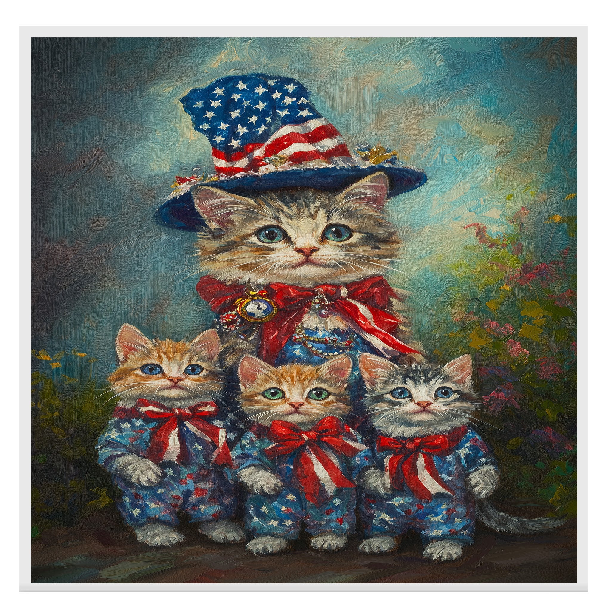 Mother Cat and Three Kittens in Patriotic Outfits with Stars and Stripes in a Garden Setting on Ready to Hang 1.5" Thick Canvas Wrap, Floating Framed Canvas, Flat Rolled Canvas
